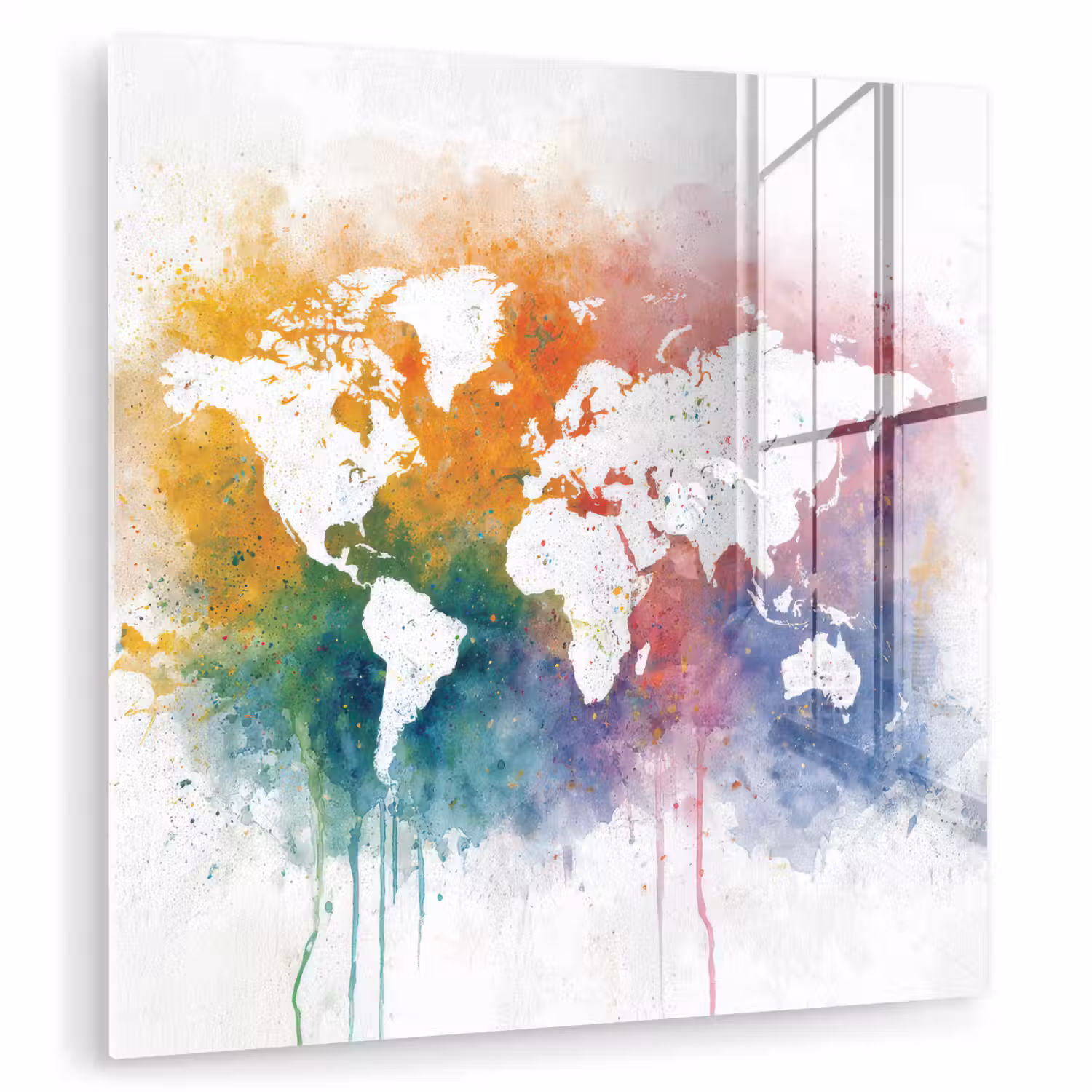 Wereldkaart - Omlijst - Verfspatten - Regenboogkleuren plexiglas 5mm klein -zzzproduct_nieuw