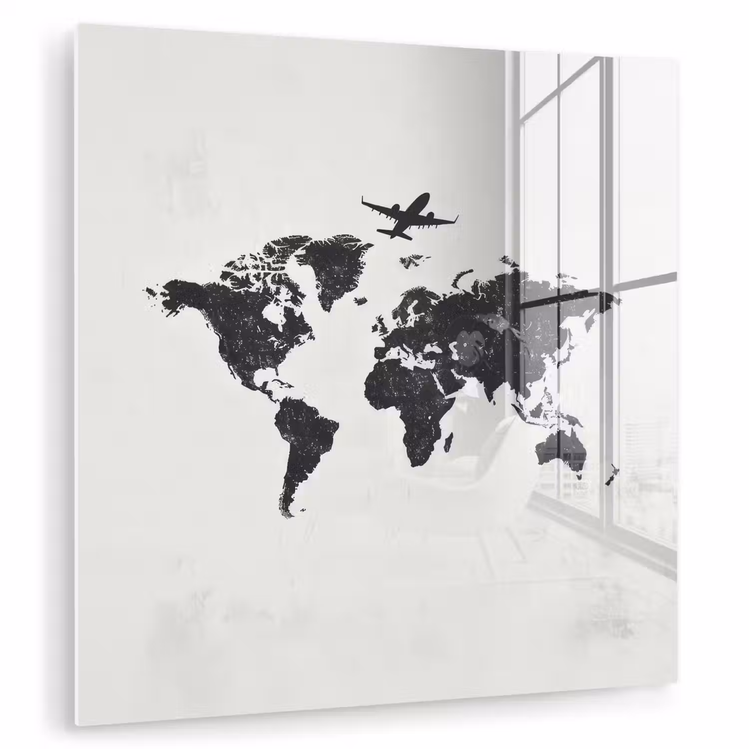 Wereldkaart - Grijs - Zwart - Vliegtuig plexiglas 5mm klein -zzzproduct_nieuw