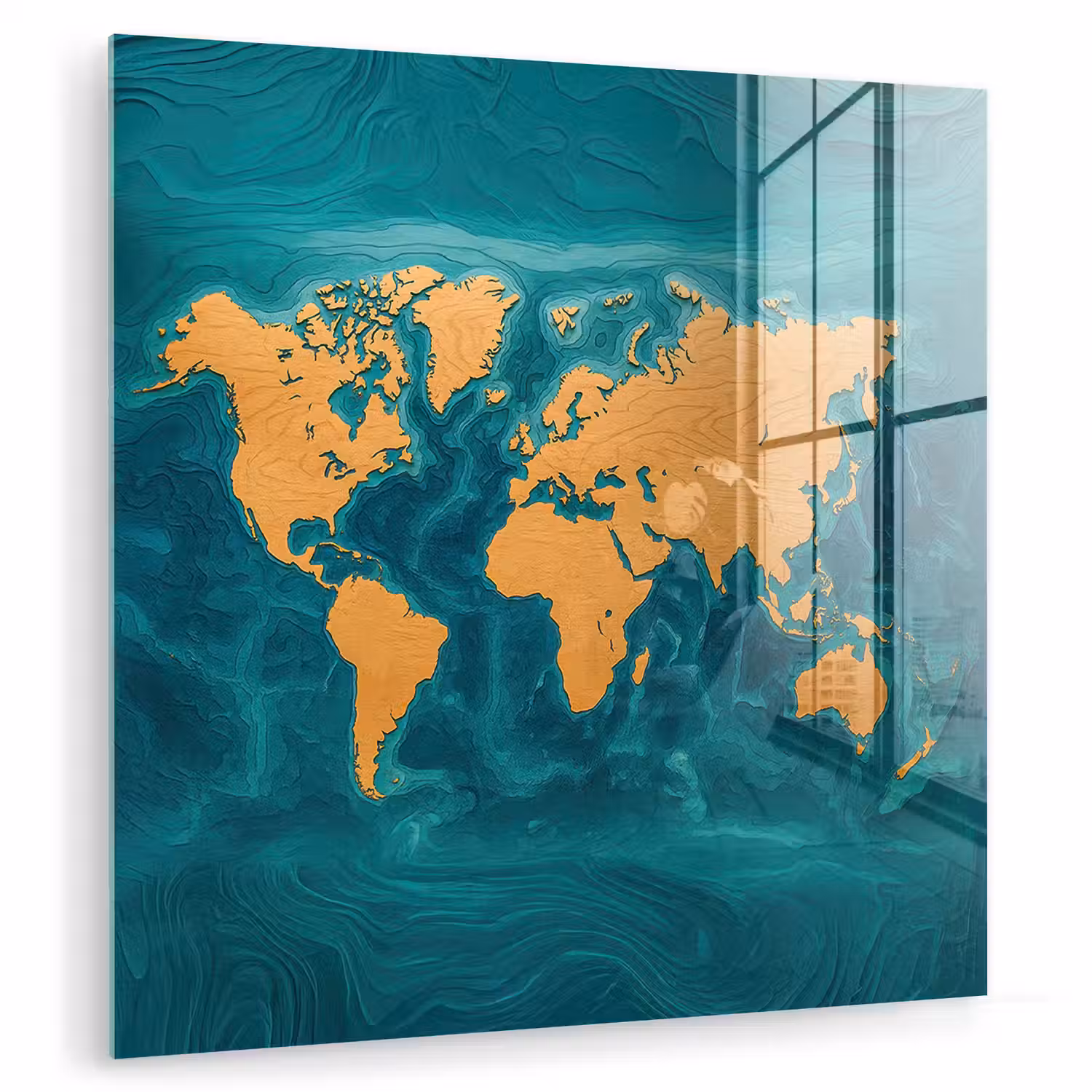 Wereldkaart - Houtsnede - Turkooisblauw plexiglas 5mm klein -zzzproduct_nieuw