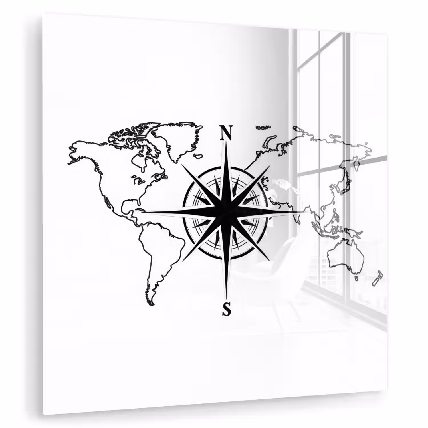 Wereldkaart - Kompas - Zwart - Wit plexiglas 5mm klein -zzzproduct_nieuw