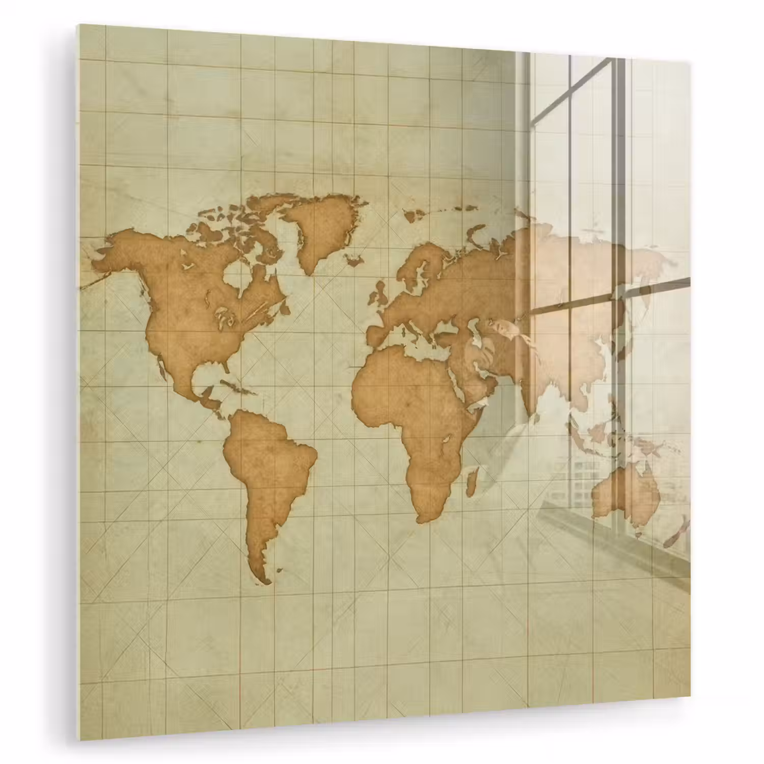 Wereldkaart - Kompasraster -Ruw plexiglas 5mm klein -zzzproduct_nieuw