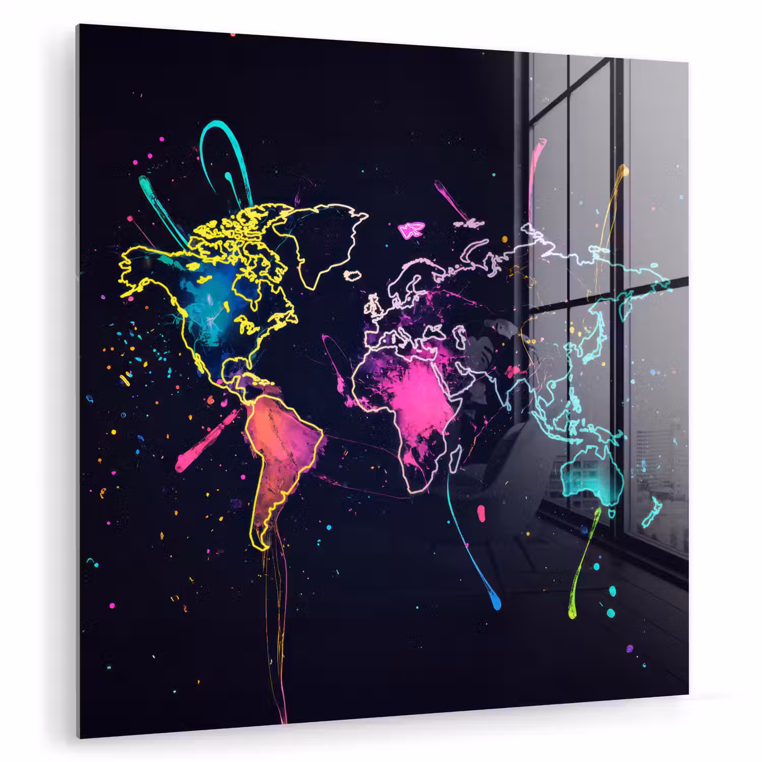 Wereldkaart - Neon - Lijnen - Verspatten plexiglas 5mm klein -zzzproduct_nieuw