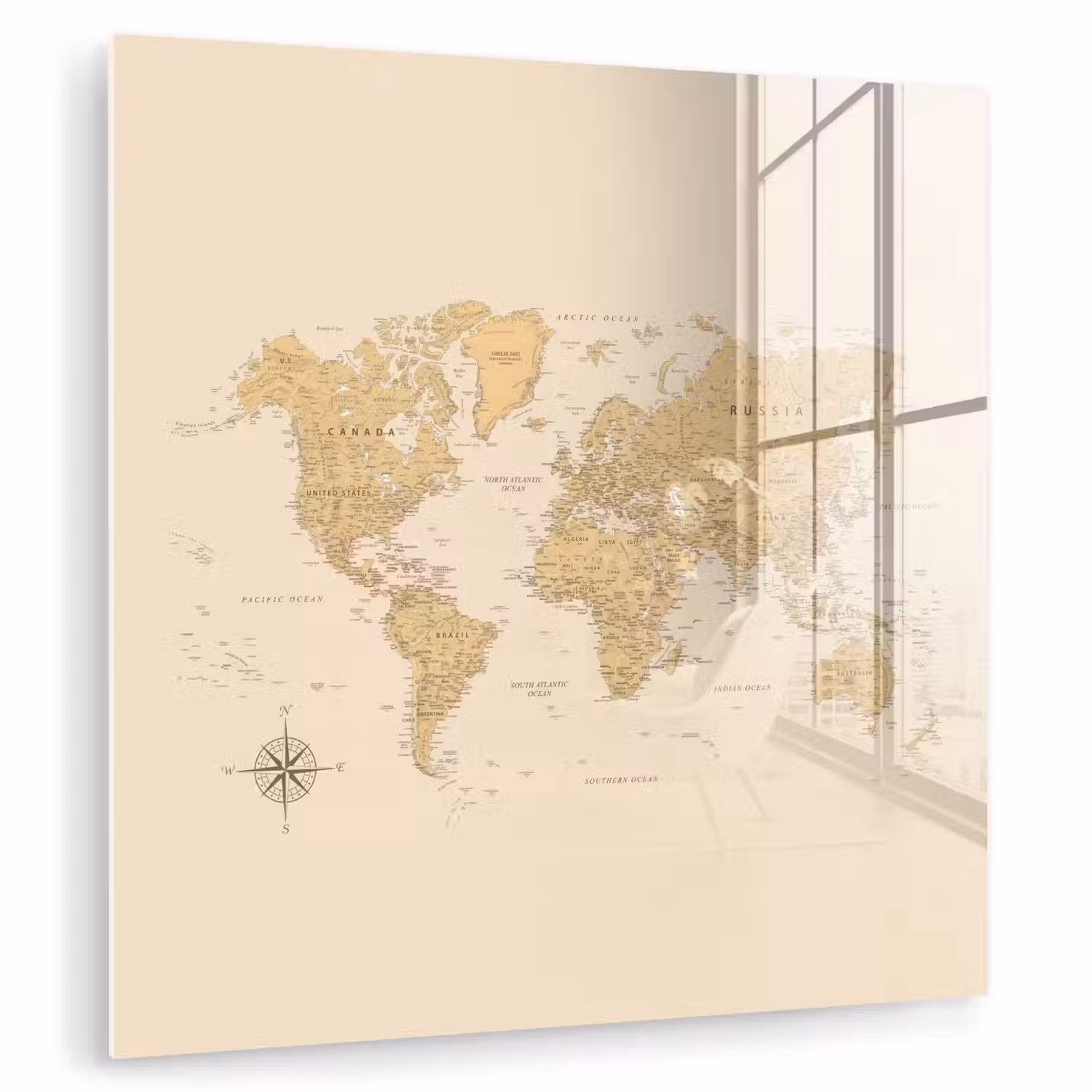 Wereldkaart - Realistisch - Beige plexiglas 5mm klein -zzzproduct_nieuw