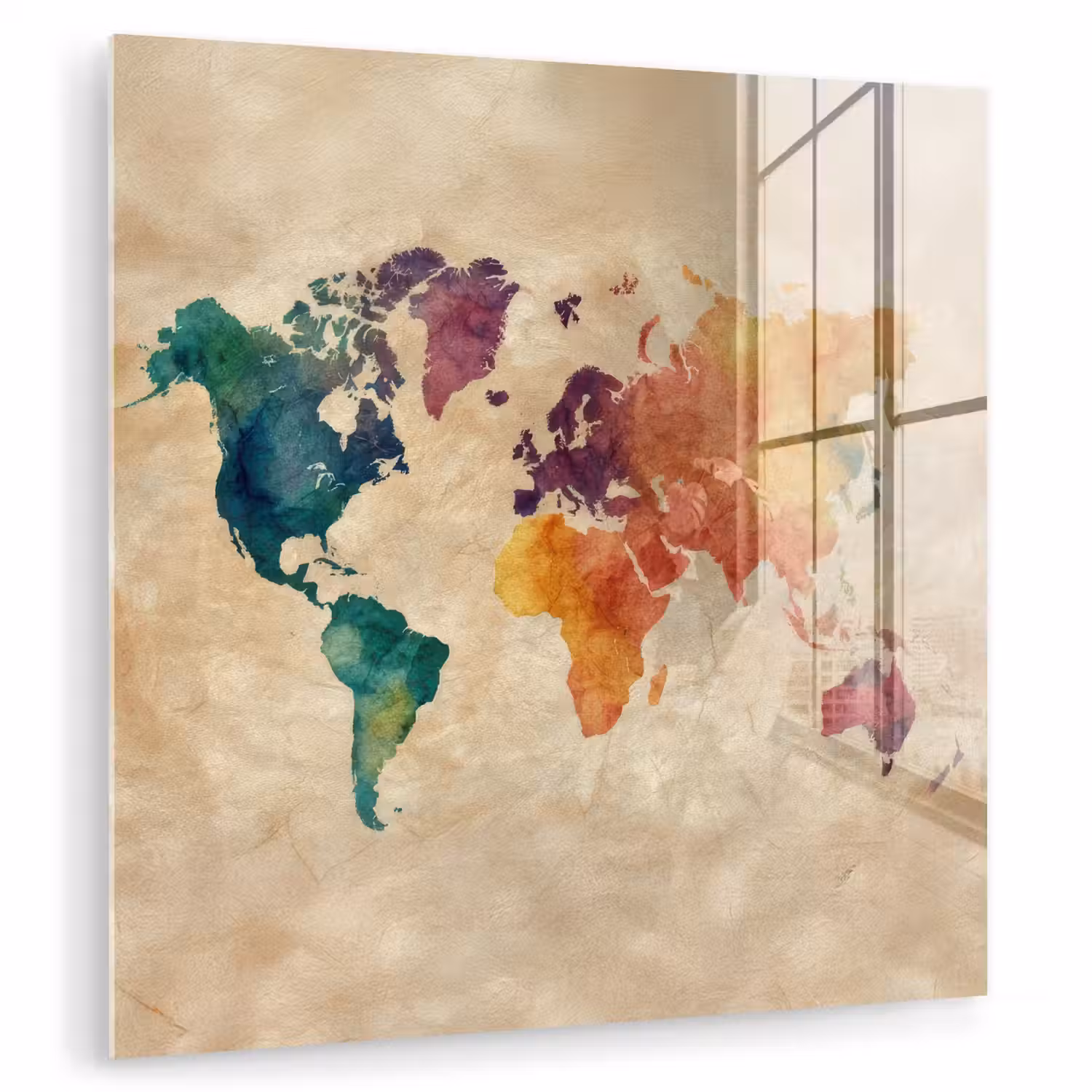 Wereldkaart - Regenboog aquarel - Papierstructuur plexiglas 5mm klein -zzzproduct_nieuw