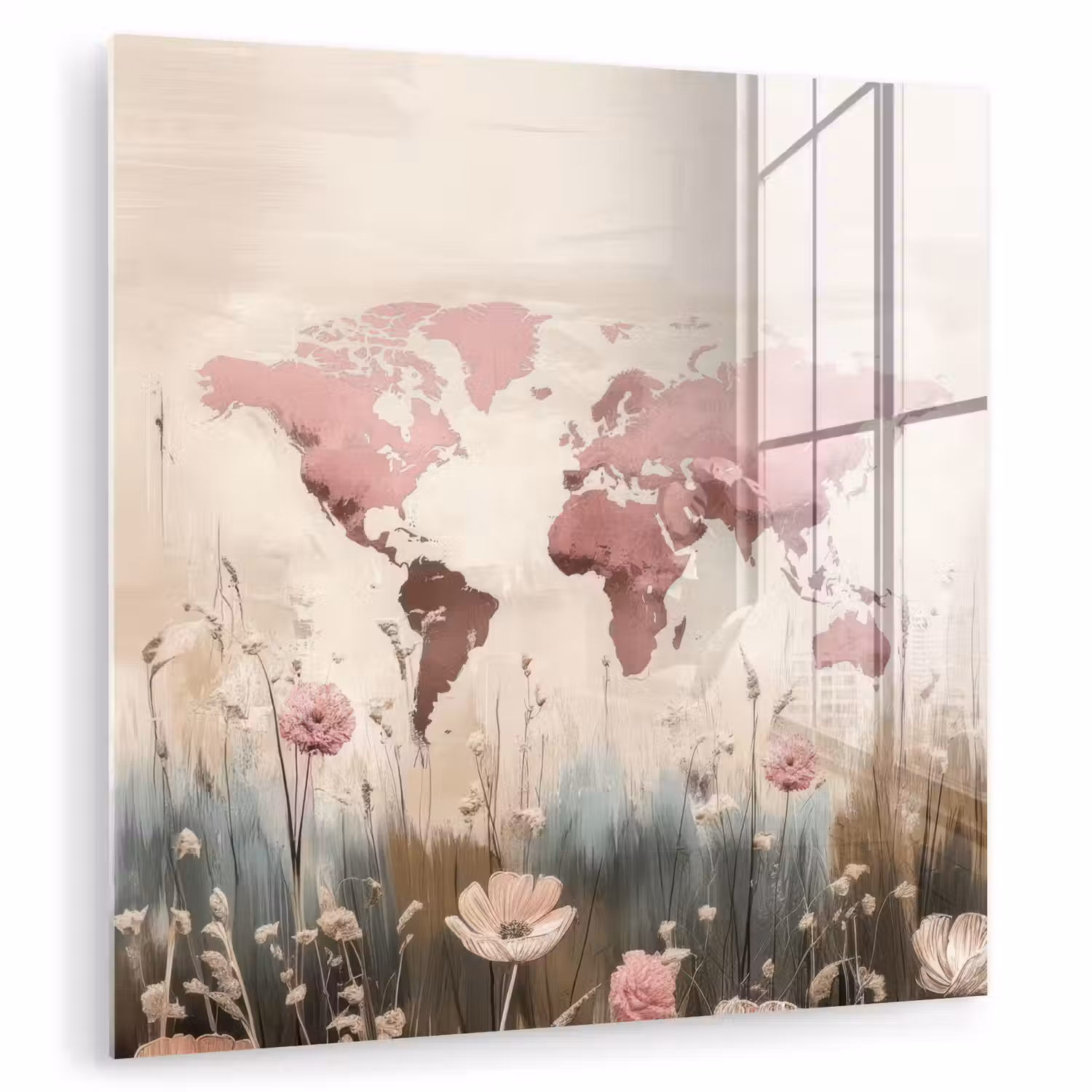 Wereldkaart - Roze - Bloemen plexiglas 5mm klein -zzzproduct_nieuw