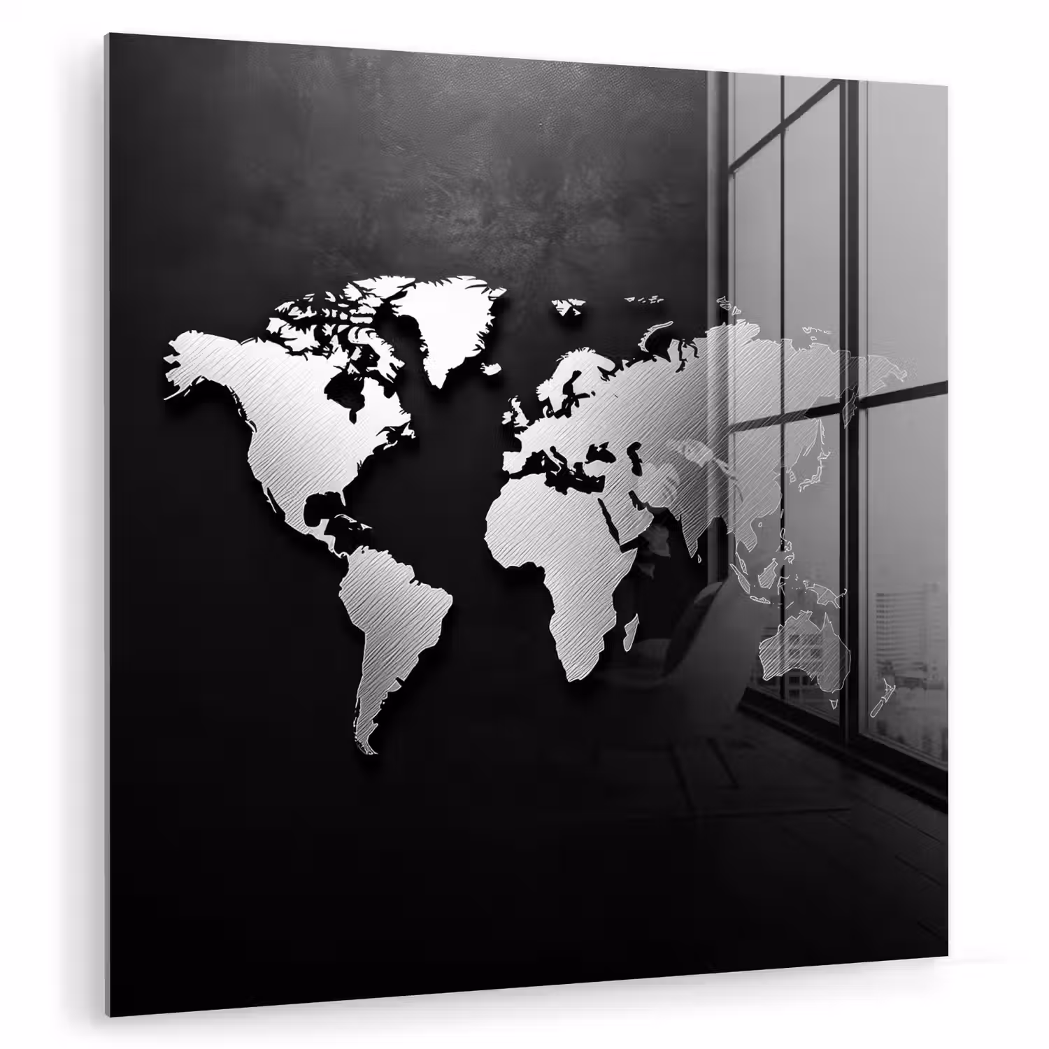Wereldkaart - Zwart - Zilver - Metaal plexiglas 5mm klein -zzzproduct_nieuw