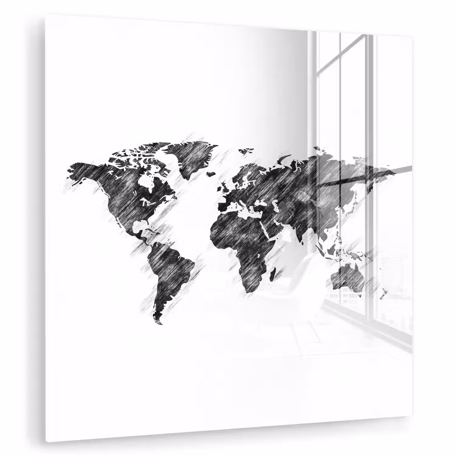 Wereldkaart - Schets - Potlood - Zwart plexiglas 5mm klein -zzzproduct_nieuw