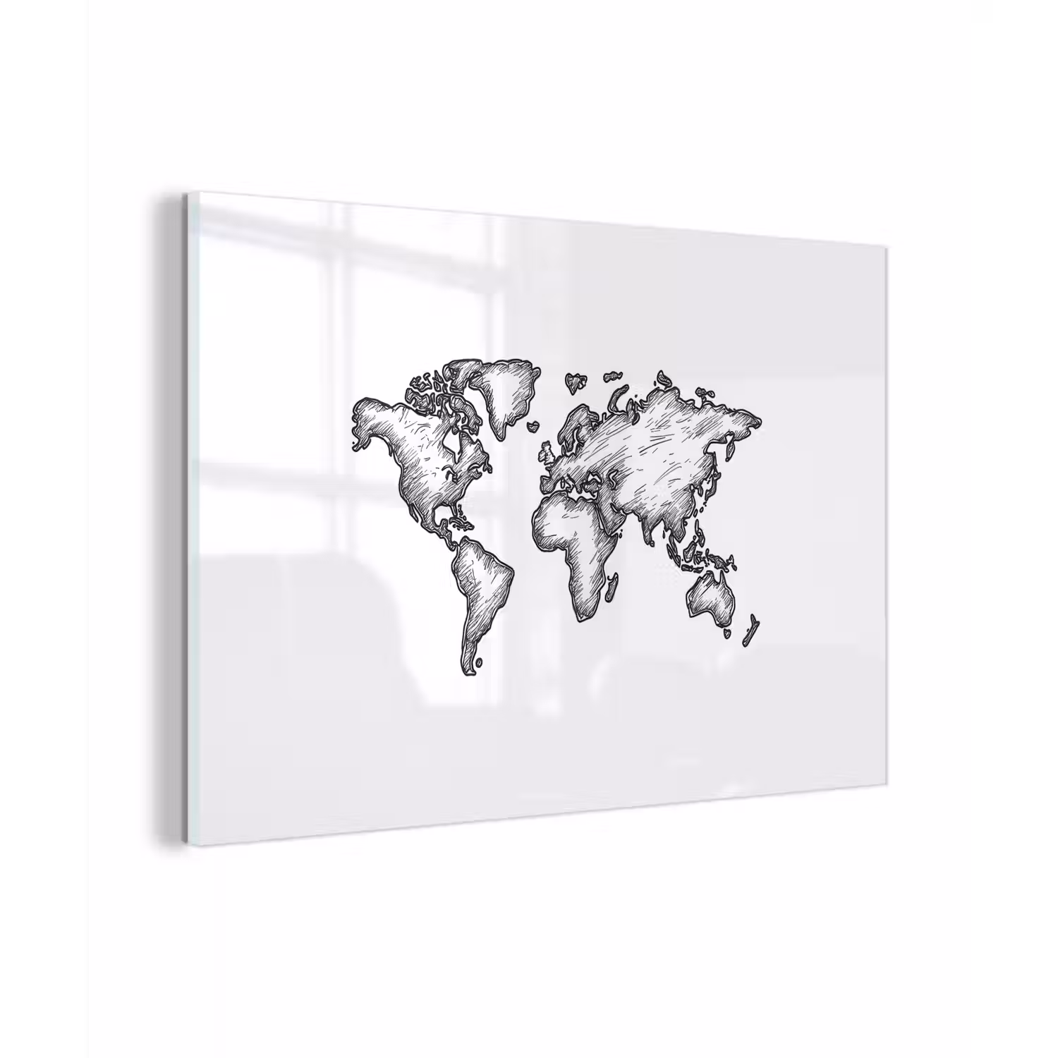 Wereldkaart - Schets - Wit - Zwart plexiglas 5mm klein -zzzproduct_nieuw
