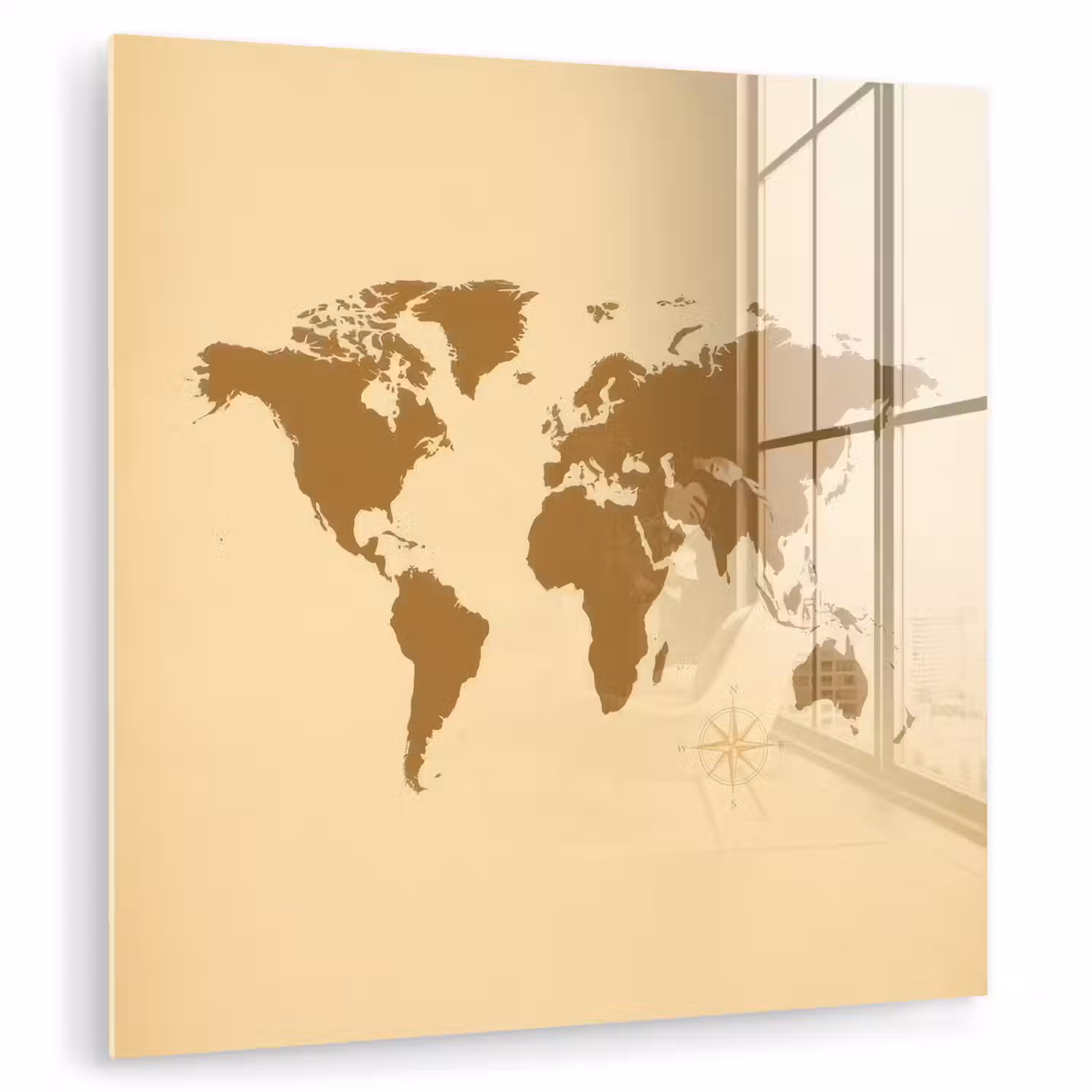 Wereldkaart -Windroos - Bruin plexiglas 5mm klein -zzzproduct_nieuw