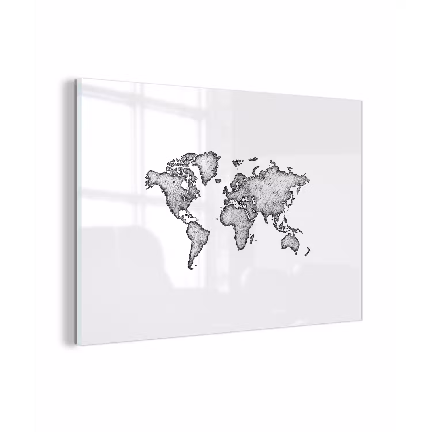 Wereldkaart - Tekening - Zwart - Wit plexiglas 5mm klein -zzzproduct_nieuw