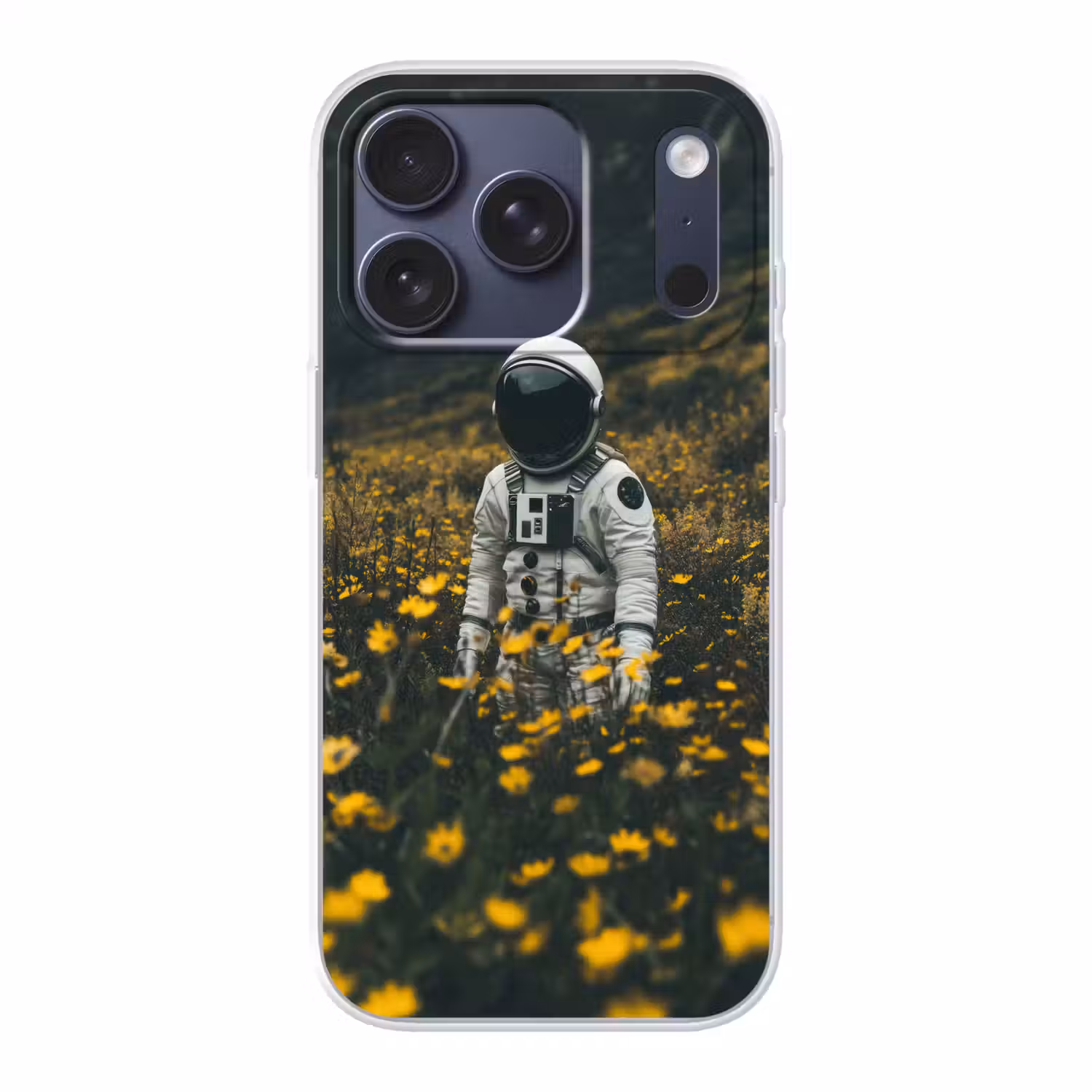 Astronaut - Bloemen - Veld - Geel Telefoonhoesje iPhone 17 Pro klein -3d