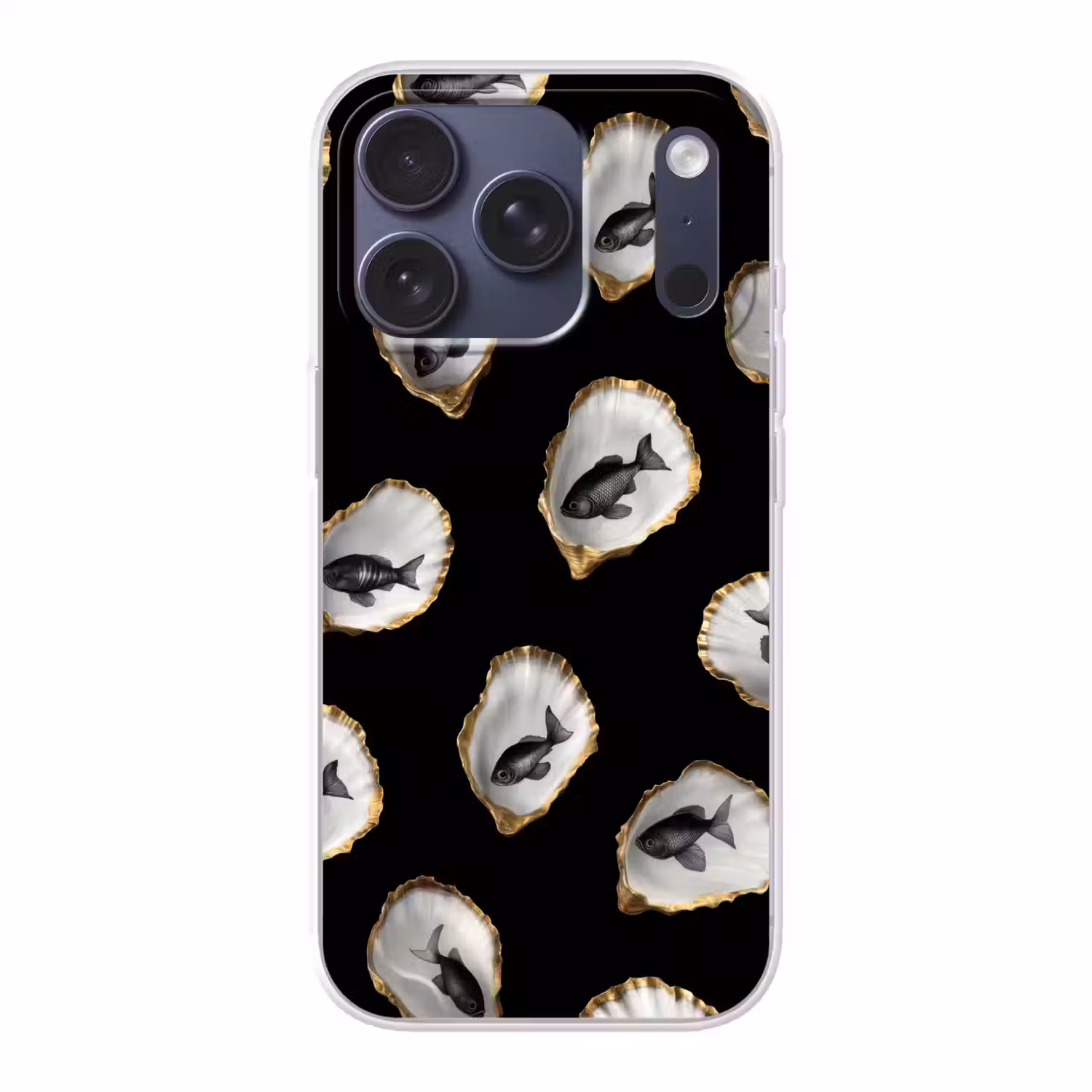 Oesters - Zwart - Vissen - Goud Telefoonhoesje iPhone 17 Pro klein -3d