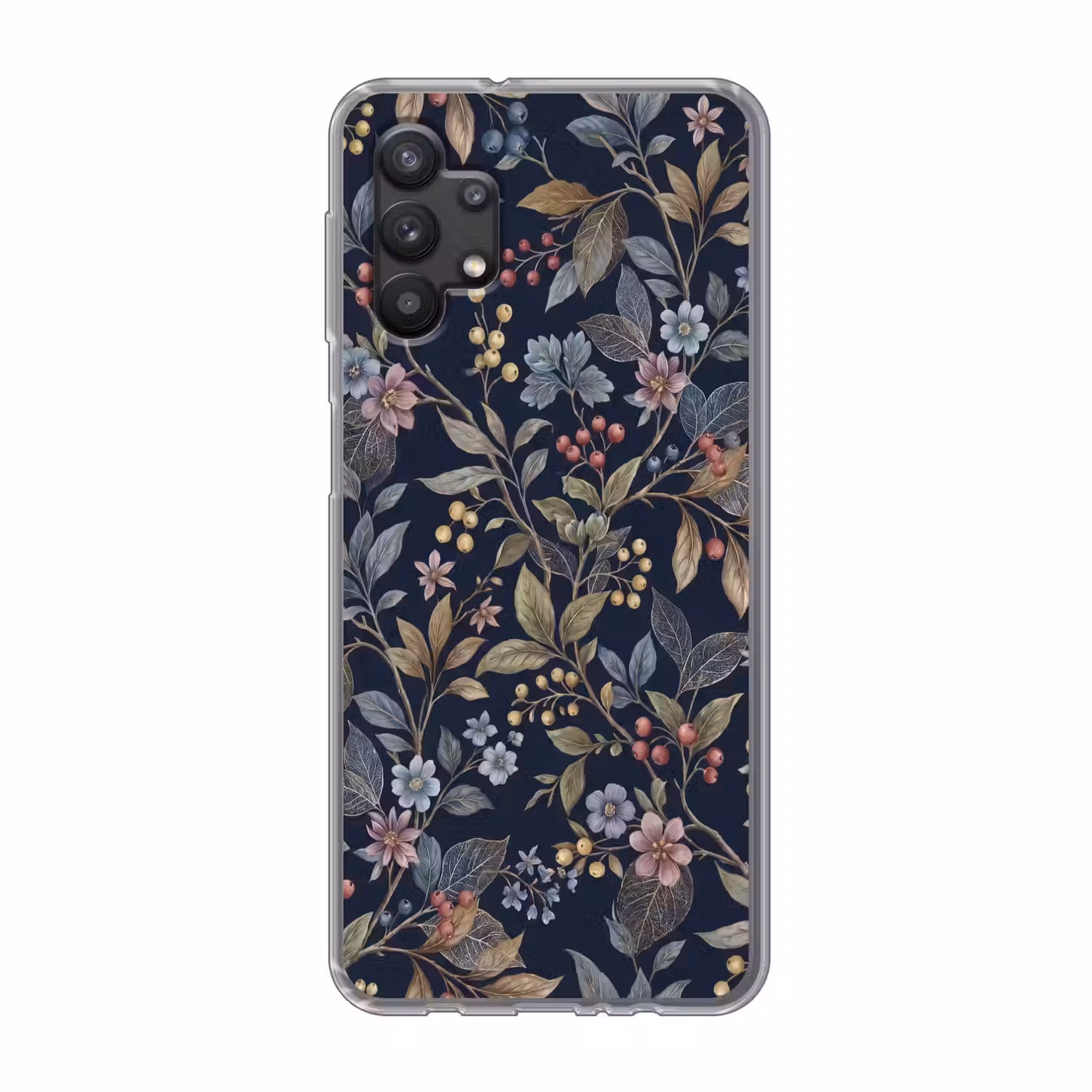 Bloemen - Bladeren - Patroon - Botanisch - Donkerblauw Telefoonhoesje Samsung Galaxy A32 5G klein -3d