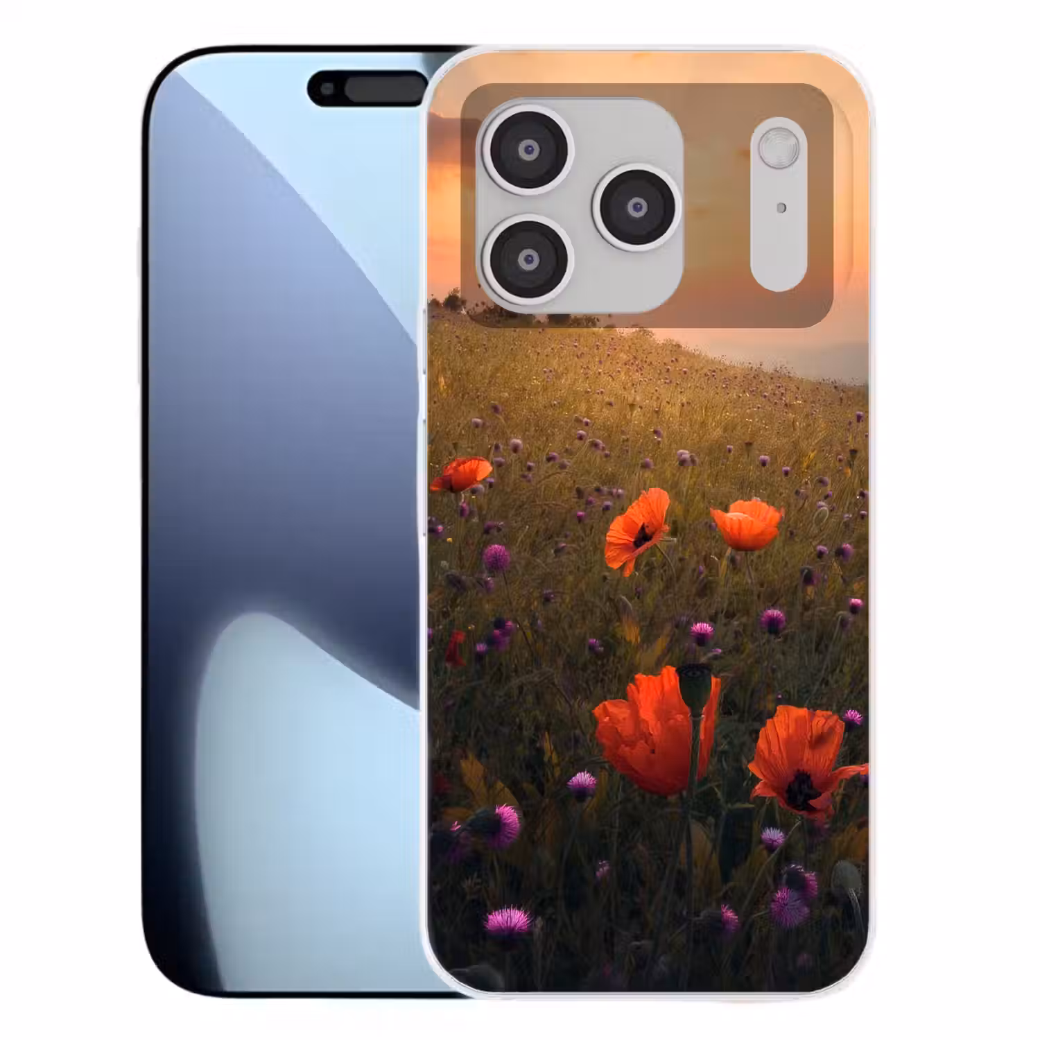 Bloemenveld - Gras - Bloemen - Planten - Zonsondergang - Oranje Telefoonhoesje iPhone 17 Pro klein -3d