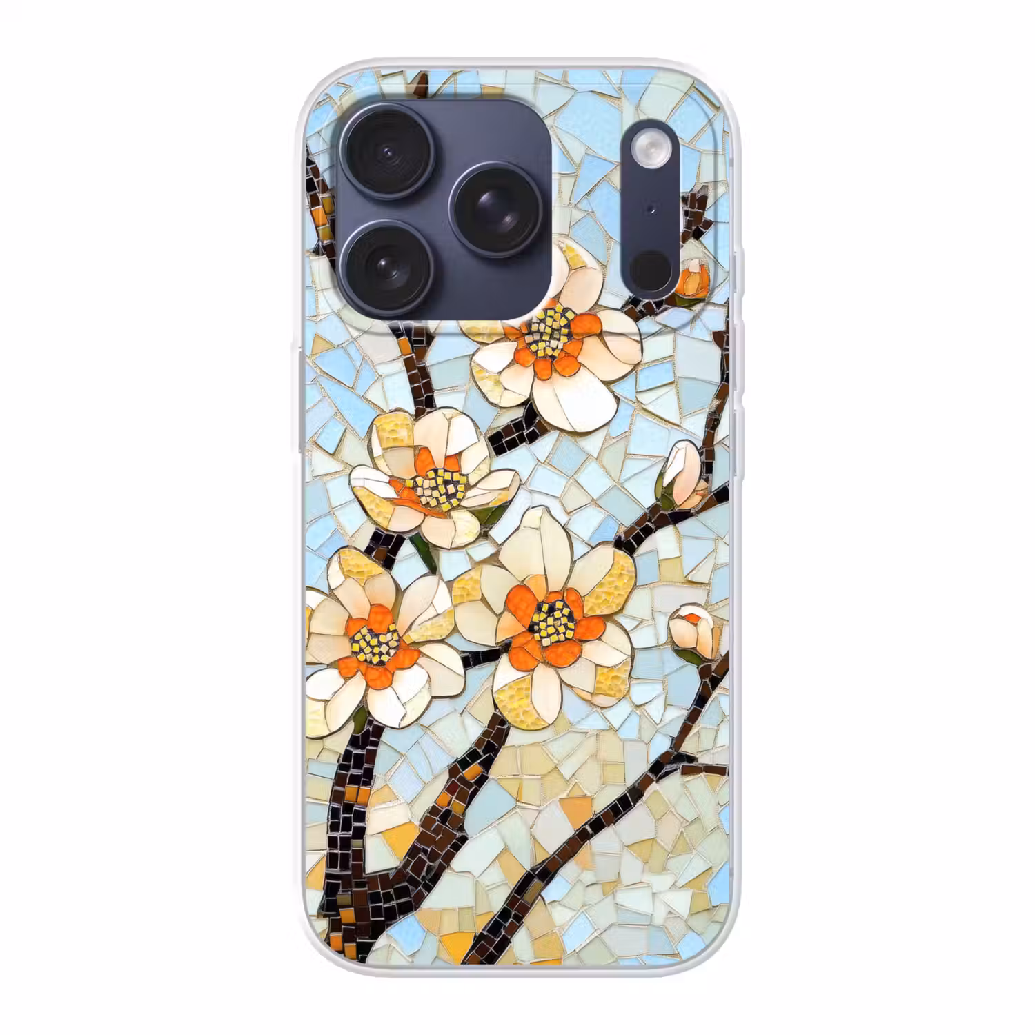 Bloesems - Wit - Mozaïek - Tak Telefoonhoesje iPhone 17 Pro klein -3d