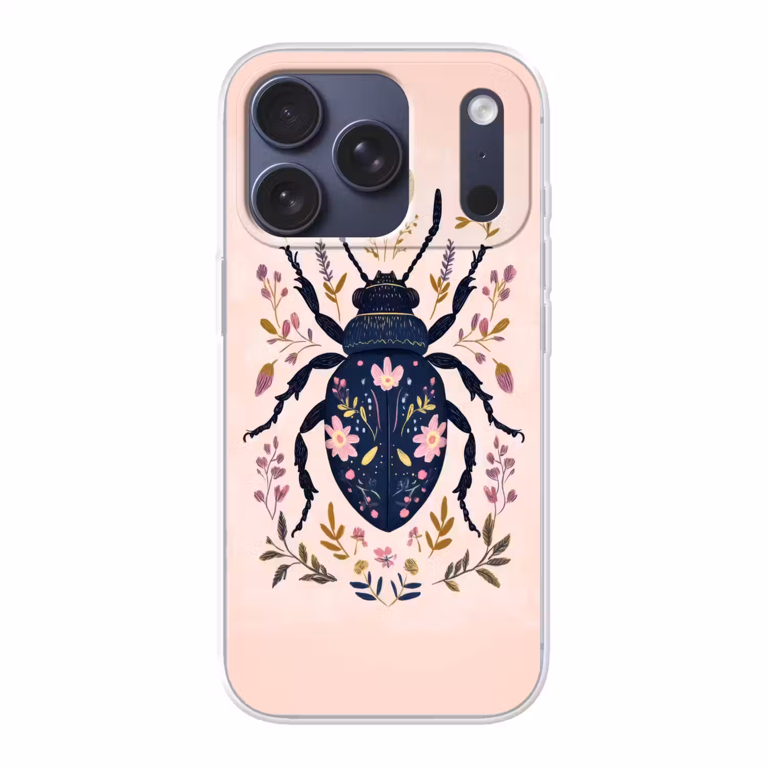 Donkerblauw - Kever - Bloemtakken - Sierlijk Telefoonhoesje iPhone 17 Pro klein -3d