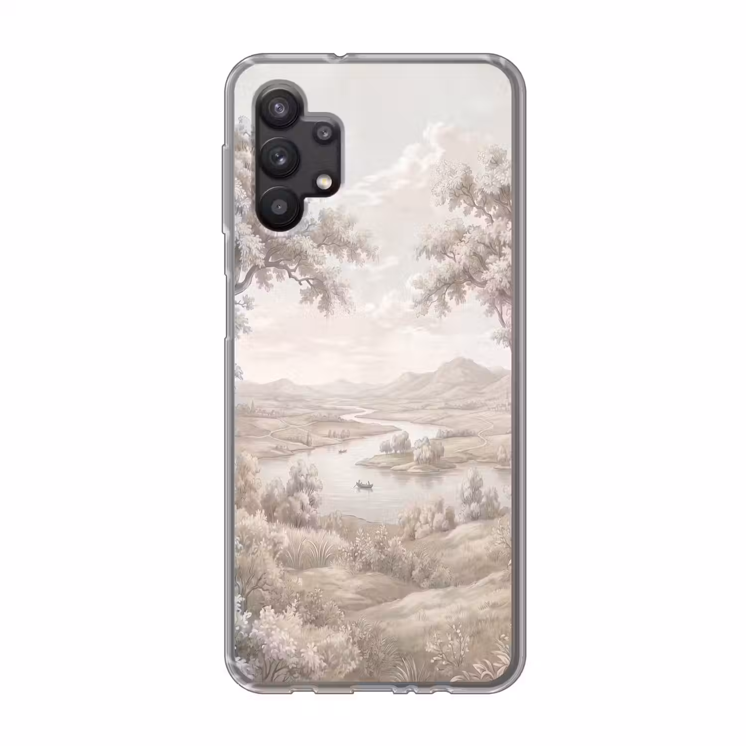 Rivierlandschap - Bergen - Natuur - Vintage - Beige Telefoonhoesje Samsung Galaxy A32 5G klein -3d