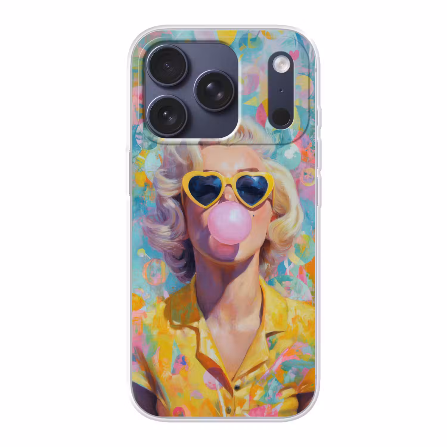 Vrouw - Blond - Roze kauwgom - Kleurrijk - Pastel Telefoonhoesje iPhone 17 Pro klein -3d