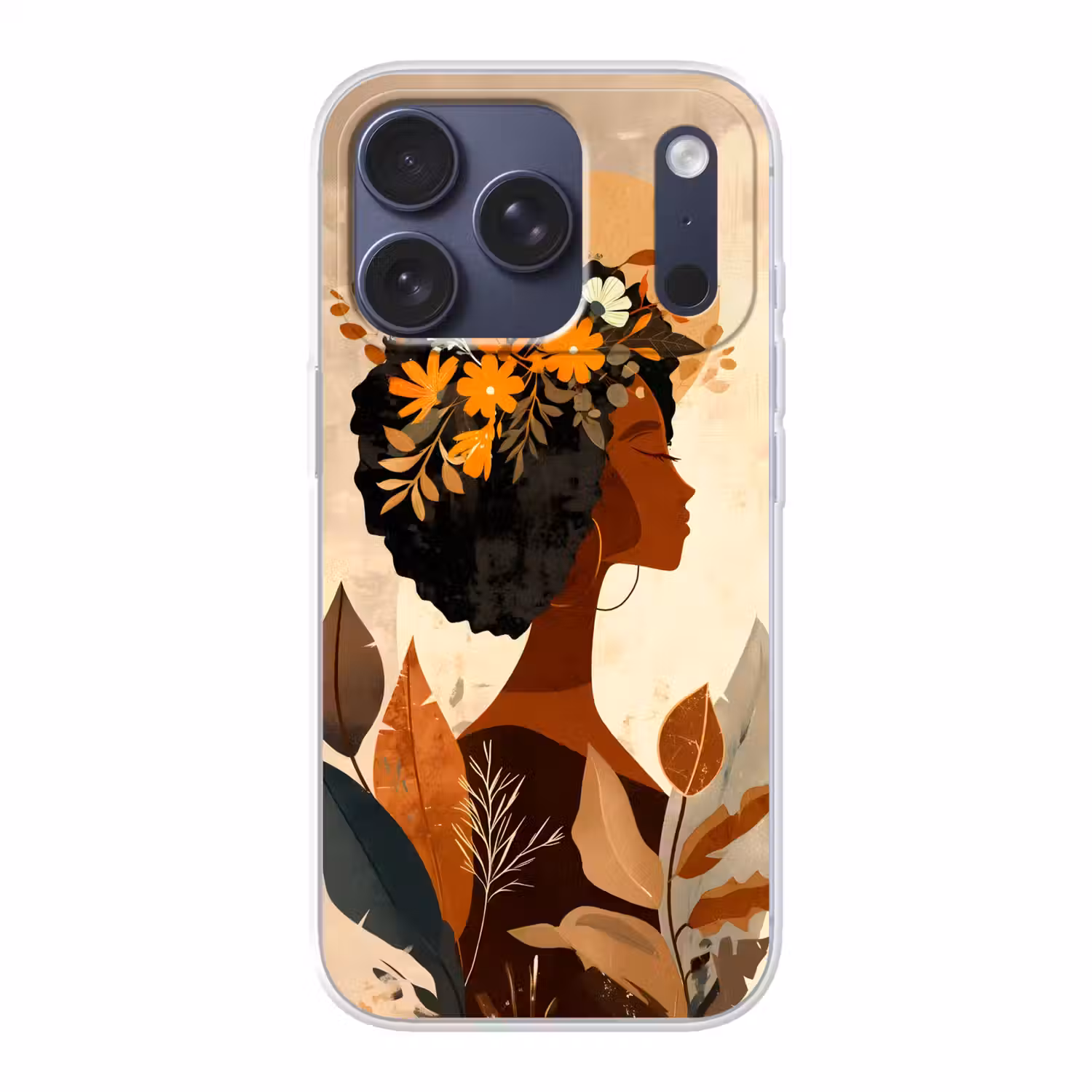 Vrouw - Krullen - Bloemen - Beige Telefoonhoesje iPhone 17 Pro klein -3d