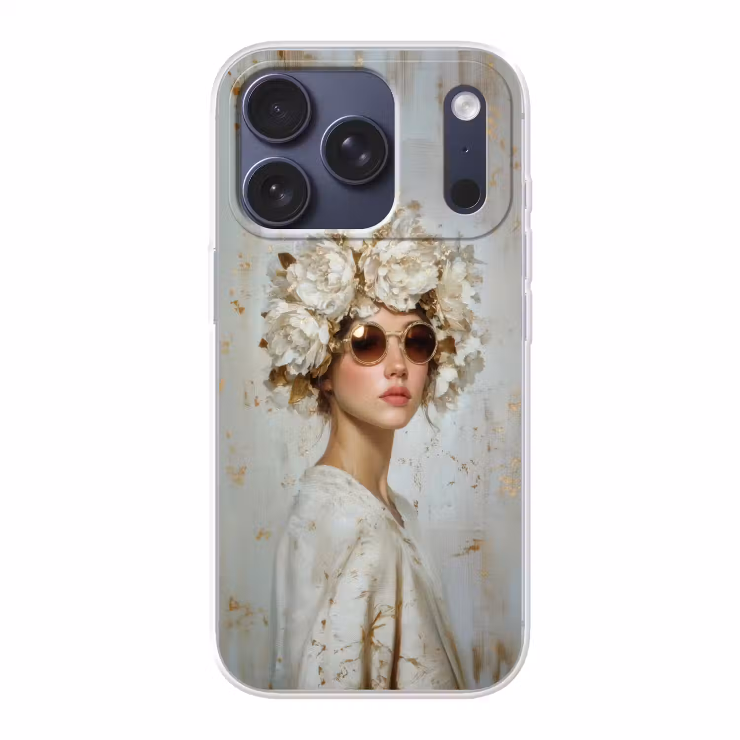 Schilderij - Vrouw - Zonnebril - Bloemenkrans Telefoonhoesje iPhone 17 Pro klein -3d