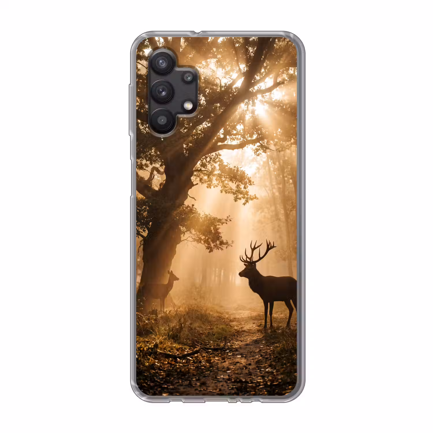 Hert - Bos - Mistig - Natuur - Goud Telefoonhoesje Samsung Galaxy A32 5G klein -3d
