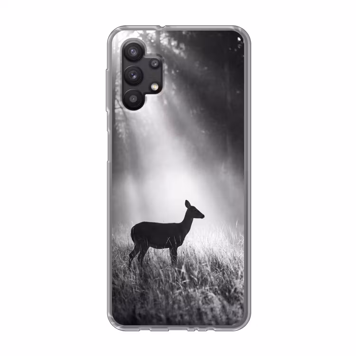 Hert - Bos - Zonnestralen - Zwart-wit - Natuur Telefoonhoesje Samsung Galaxy A32 5G klein -3d