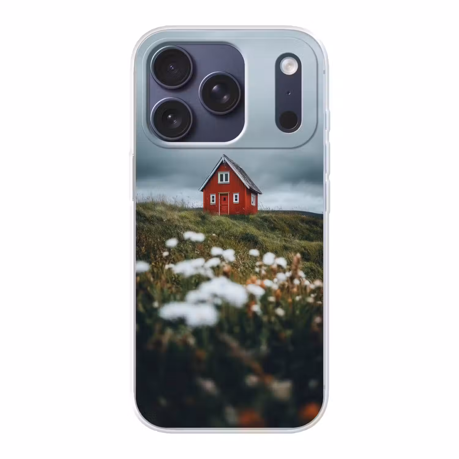 Heuvel - Huisje - Bloemen - Wit Telefoonhoesje iPhone 17 Pro klein -3d