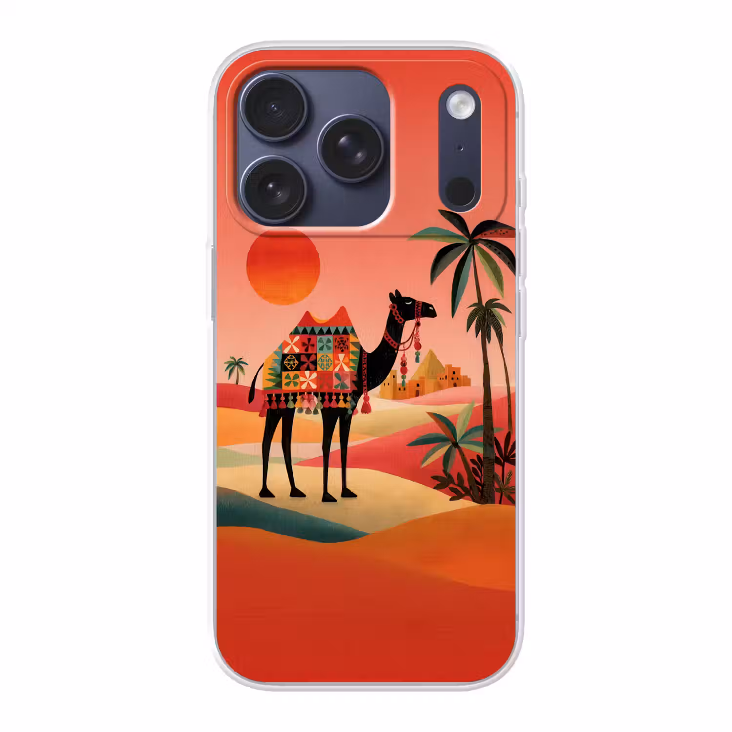 Kameel - Gekleurd tapijt - Duinen - Rode zon Telefoonhoesje iPhone 17 Pro klein -3d
