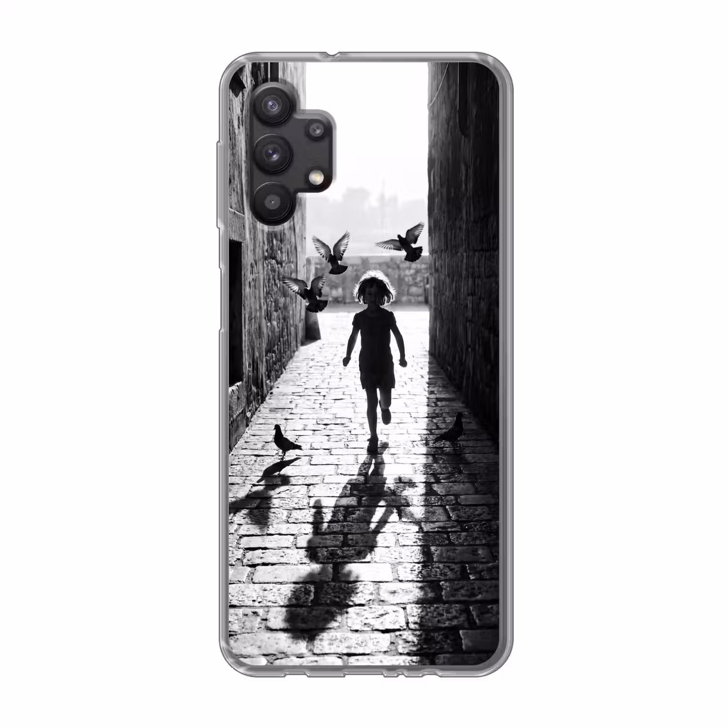 Kind - Vogel - Straat - Zwart-wit - Spelen Telefoonhoesje Samsung Galaxy A32 5G klein -3d
