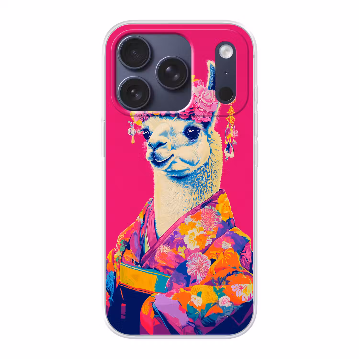 Lama - Kimono - Bloemenkrans - Felroze Telefoonhoesje iPhone 17 Pro klein -3d