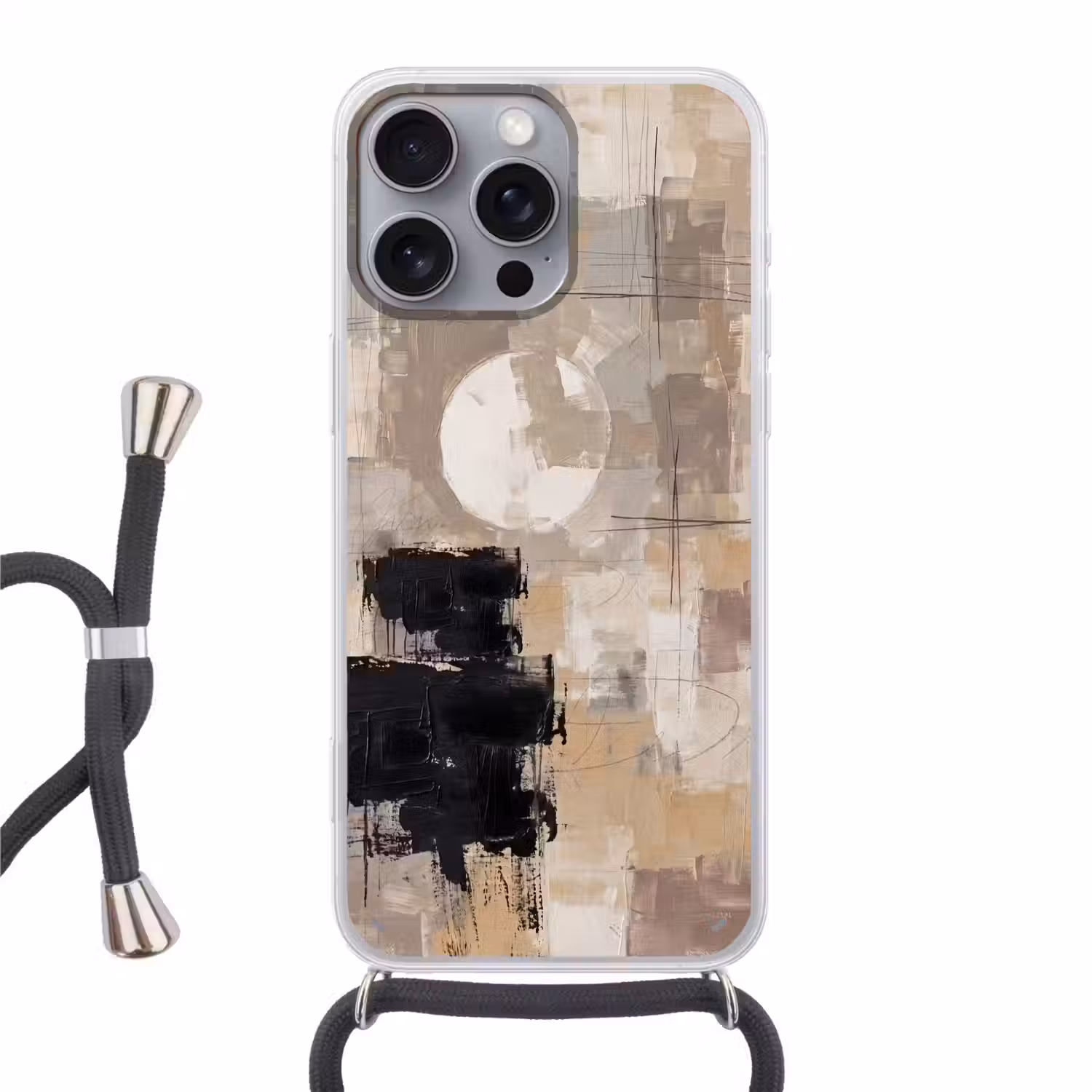 Abstract - Cirkel - Modern - Beige - Zwart - Minimalistisch Hoesje iPhone 16 Pro Max met koord klein -3d