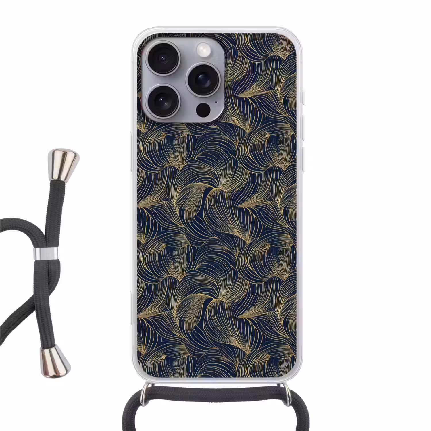 Abstract - Lijnen - Blauw - Goud Hoesje iPhone 16 Pro Max met koord klein 804 -3d