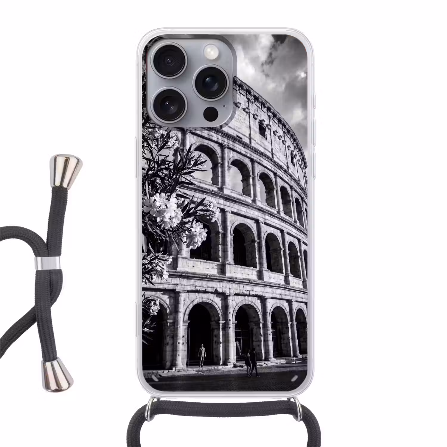 Architectuur - Colosseum - Rome - Historisch - Zwart-wit Hoesje iPhone 16 Pro Max met koord klein -3d