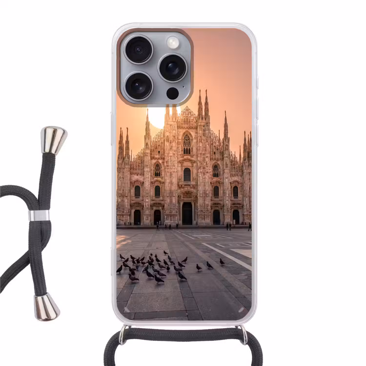 Architectuur - Milaan - Plein - Zonsopgang - Oranje Hoesje iPhone 16 Pro Max met koord klein -3d