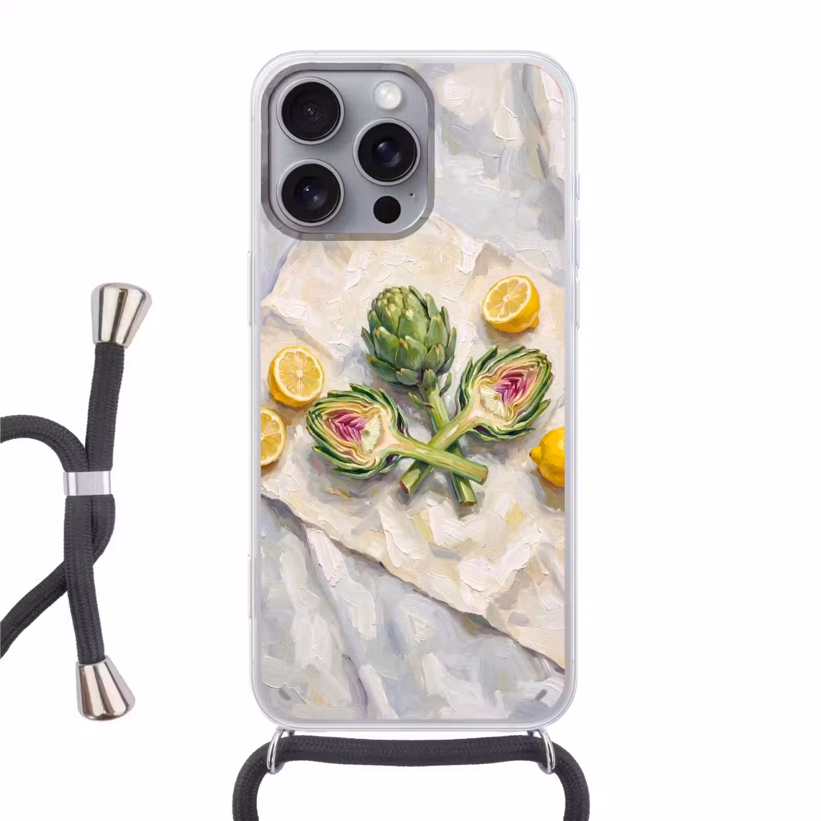 Handyhülle mit Band - Artischocke – Zitrone – Essen - Artisjok - Citroen - Eten Hoesje iPhone 16 Pro Max met koord klein
