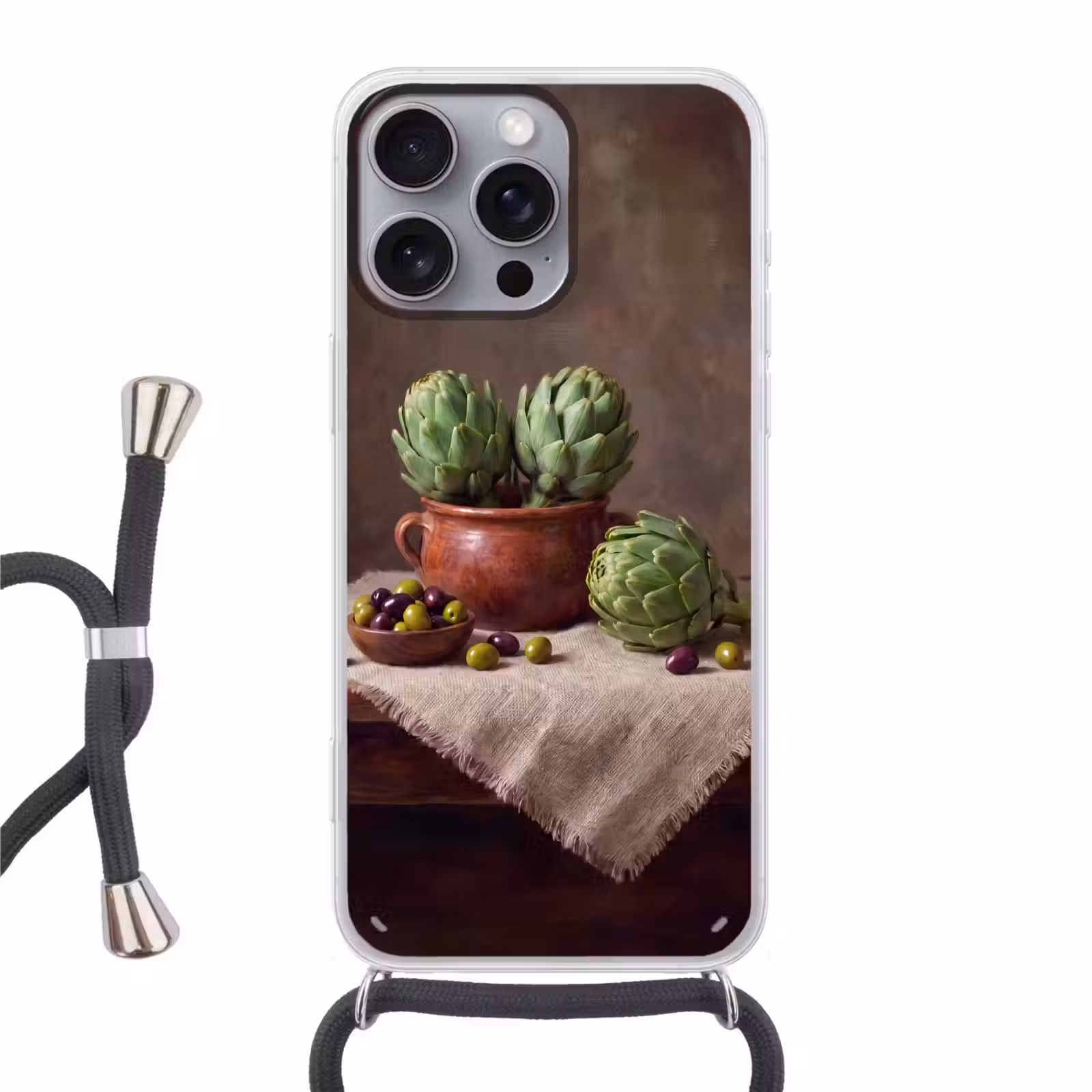 Handyhülle mit Band - Artischocken – Oliven – Essen - Artisjokken - Olijven - Eten Hoesje iPhone 16 Pro Max met koord klein