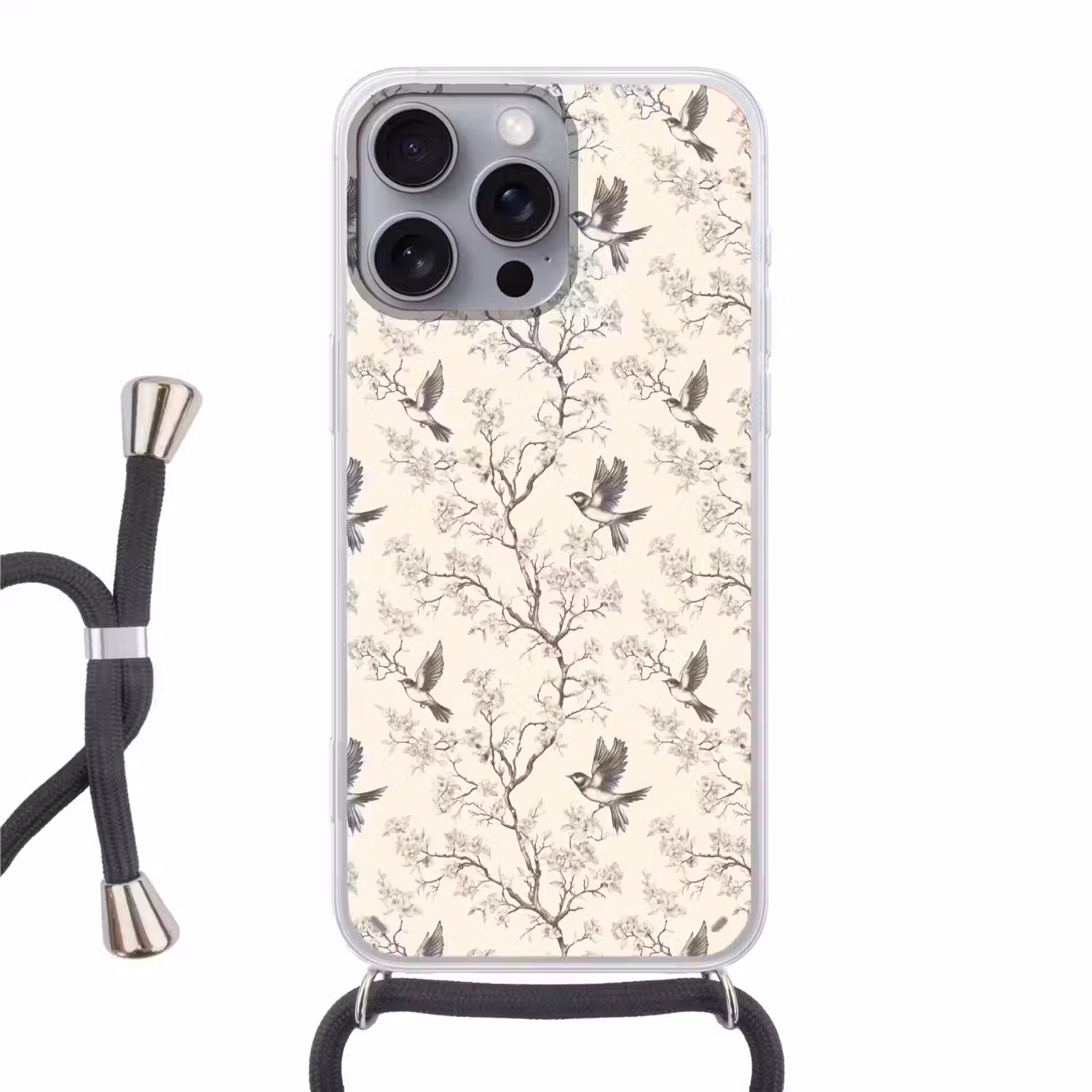 Takken - Vogels - Beige Hoesje iPhone 16 Pro Max met koord klein 804 -3d