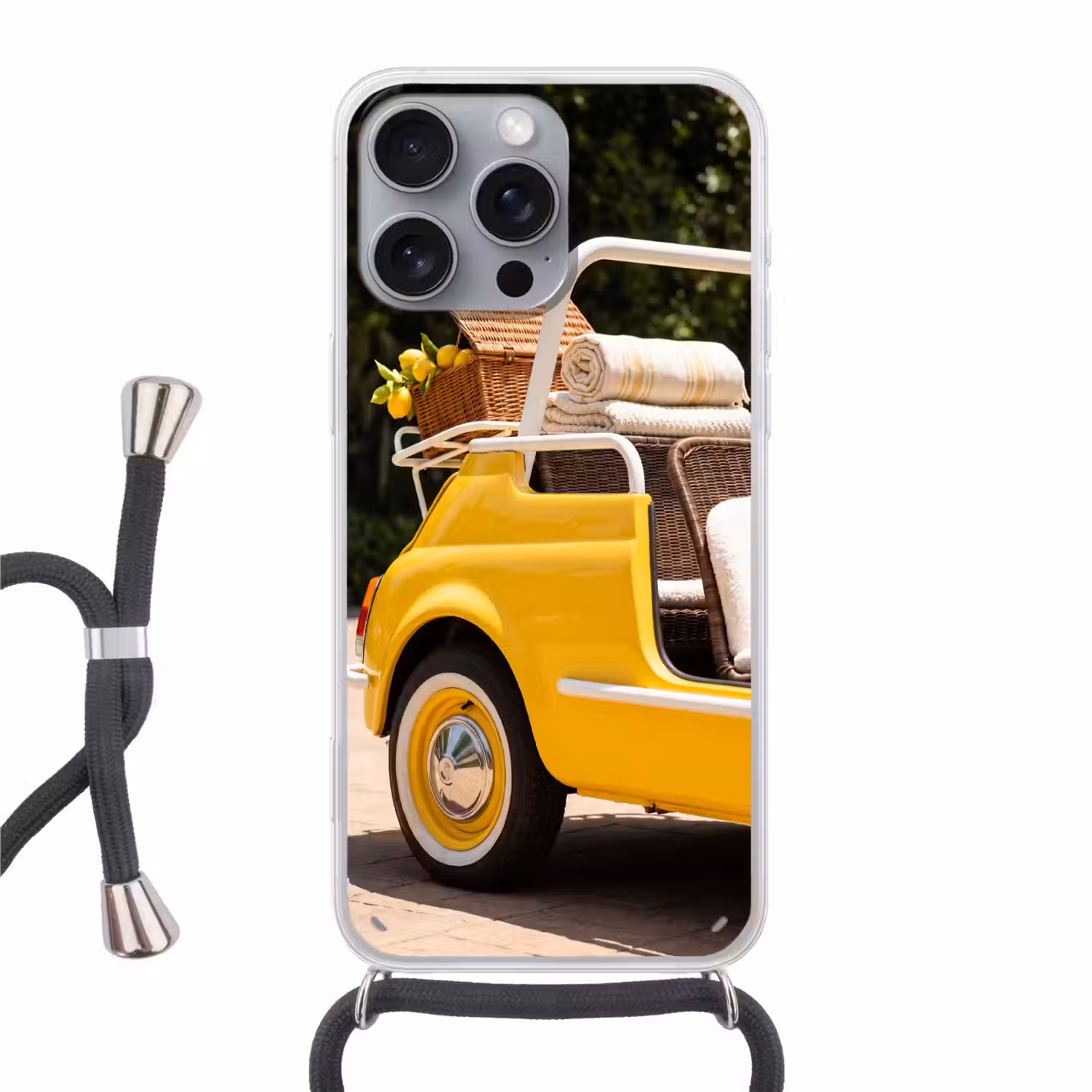 Auto - Picknick - Zomer - Geel Hoesje iPhone 16 Pro Max met koord klein -3d