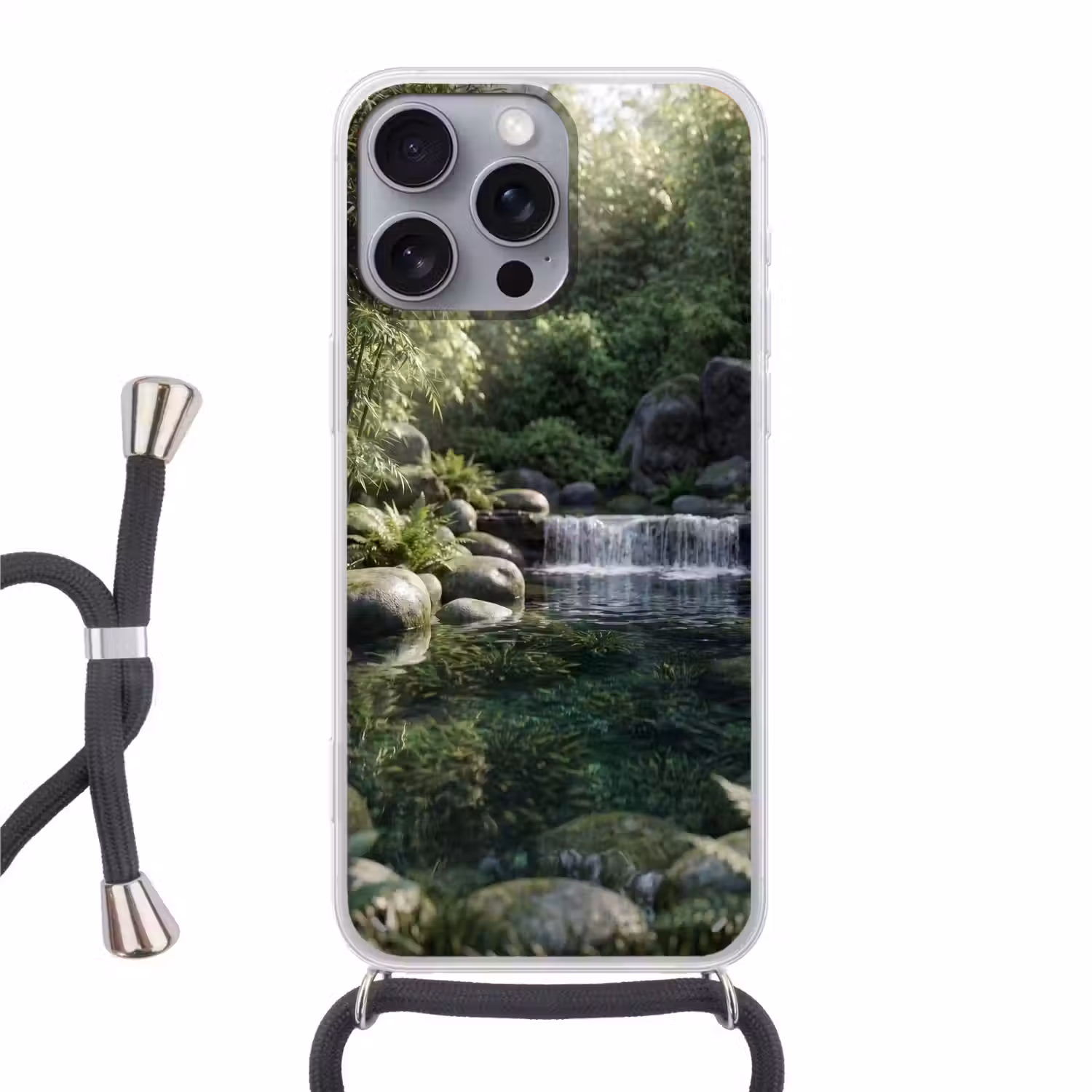 Beek - Waterval - Natuur - Groen Hoesje iPhone 16 Pro Max met koord klein -3d