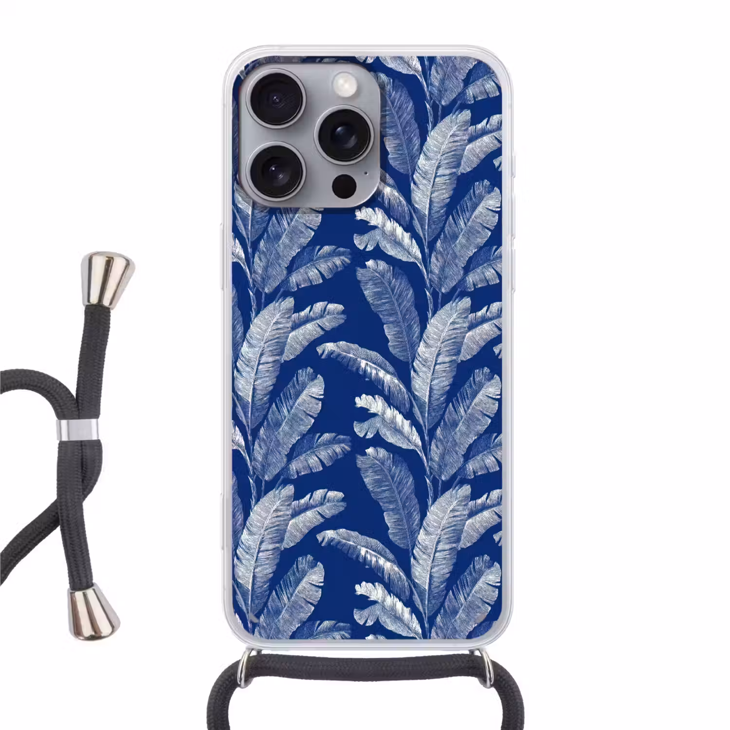 Blad - Palm - Blauw Hoesje iPhone 16 Pro Max met koord klein 804 -3d