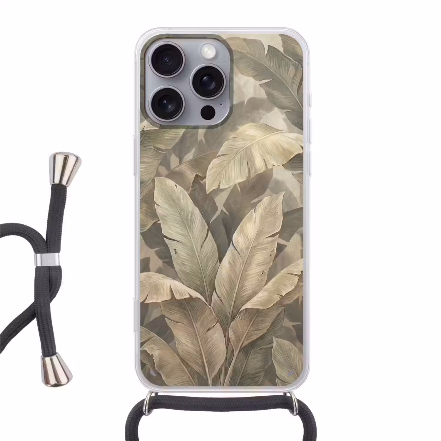 Bladeren - Tropisch - Natuur - Modern - Beige Hoesje iPhone 16 Pro Max met koord klein -3d