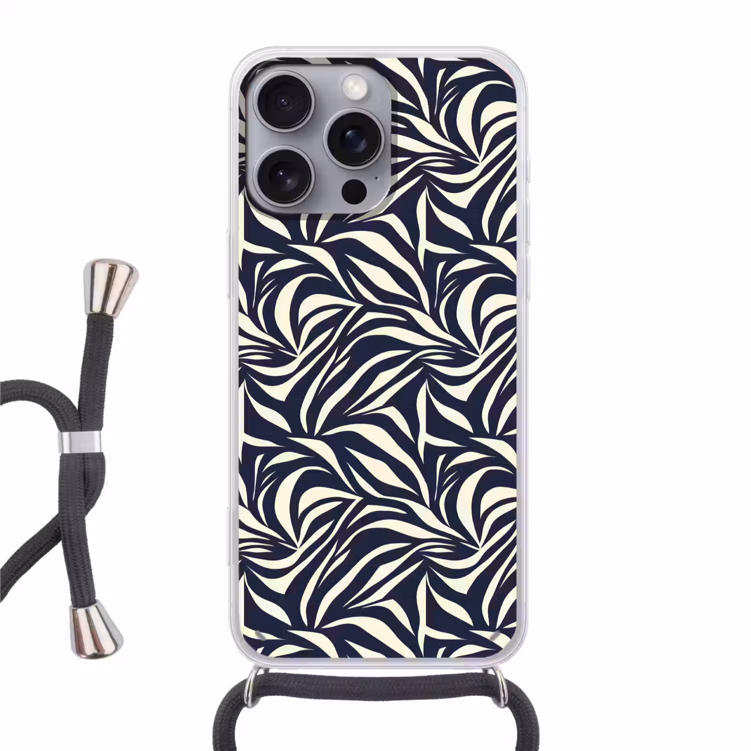 Bladvormen - Blauw - Patroon - Wit Hoesje iPhone 16 Pro Max met koord klein 804 -3d