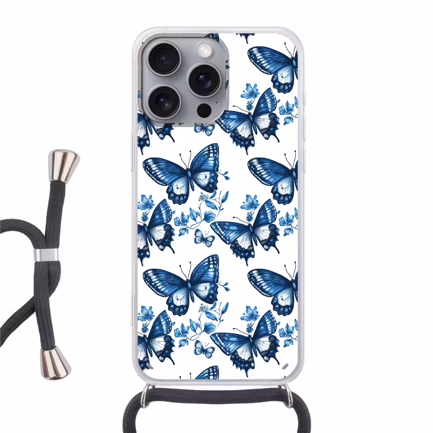 Blauw - Vlinders - Bloemen - Wit Hoesje iPhone 16 Pro Max met koord klein 804 -3d