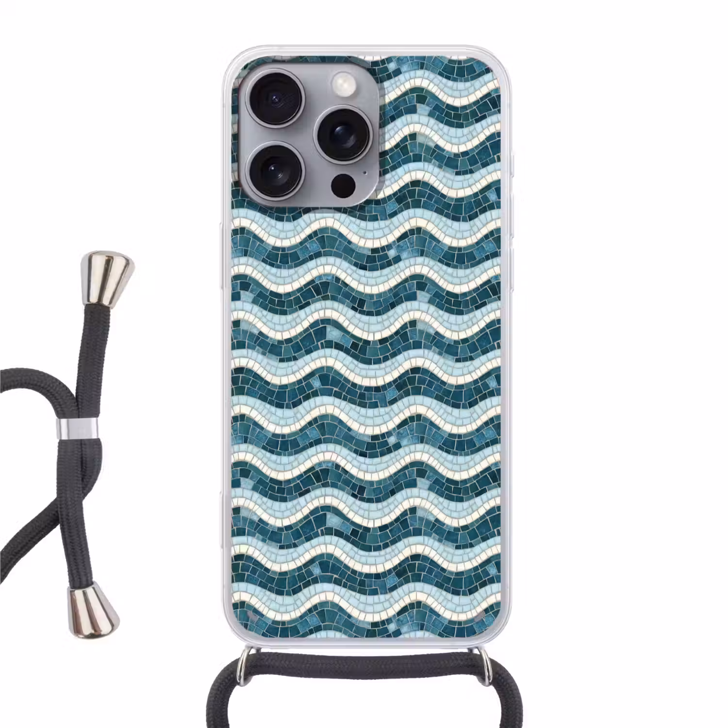 Blauw - Wit - Mozaïek - Golvend Hoesje iPhone 16 Pro Max met koord klein 804 -3d