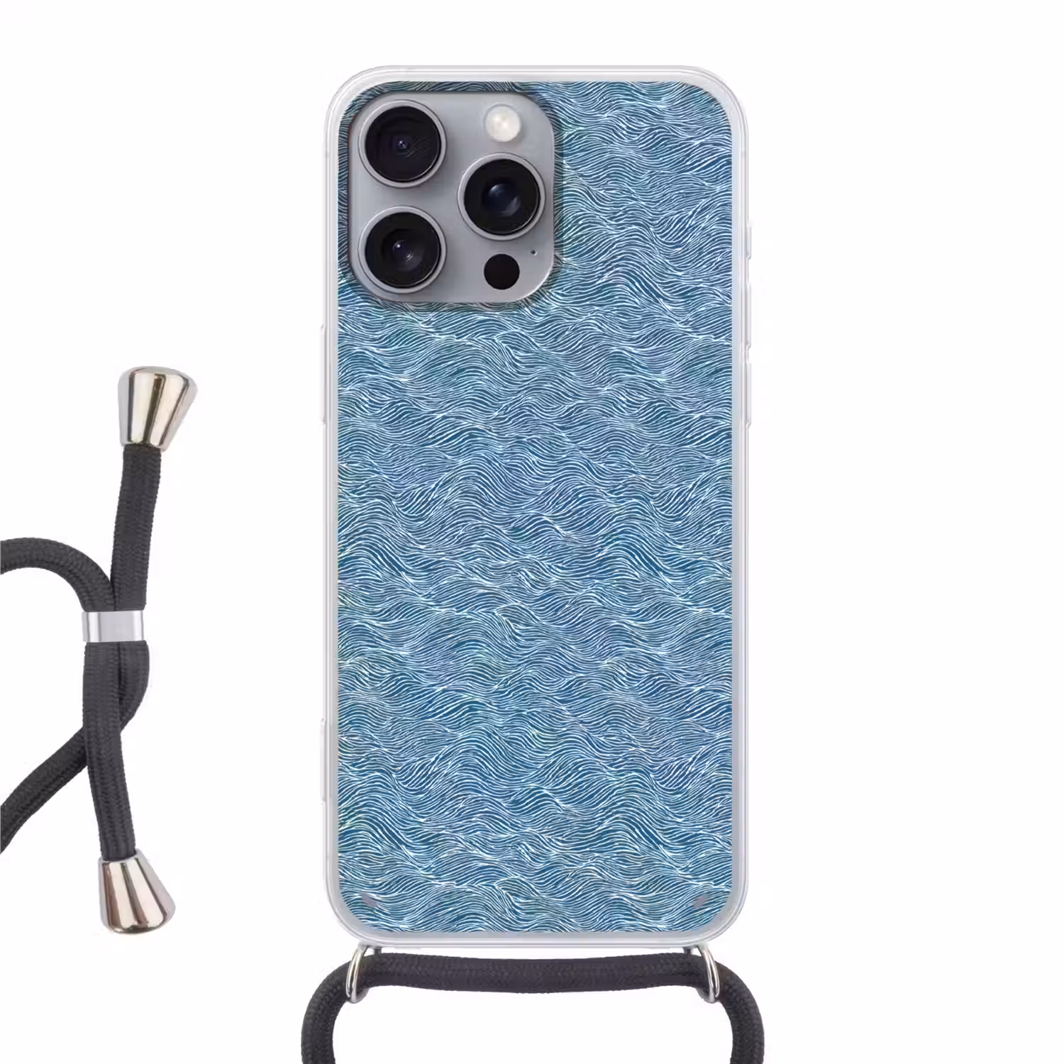 Blauw - Wit - Golven - Getekend - Textuur Hoesje iPhone 16 Pro Max met koord klein 804 -3d