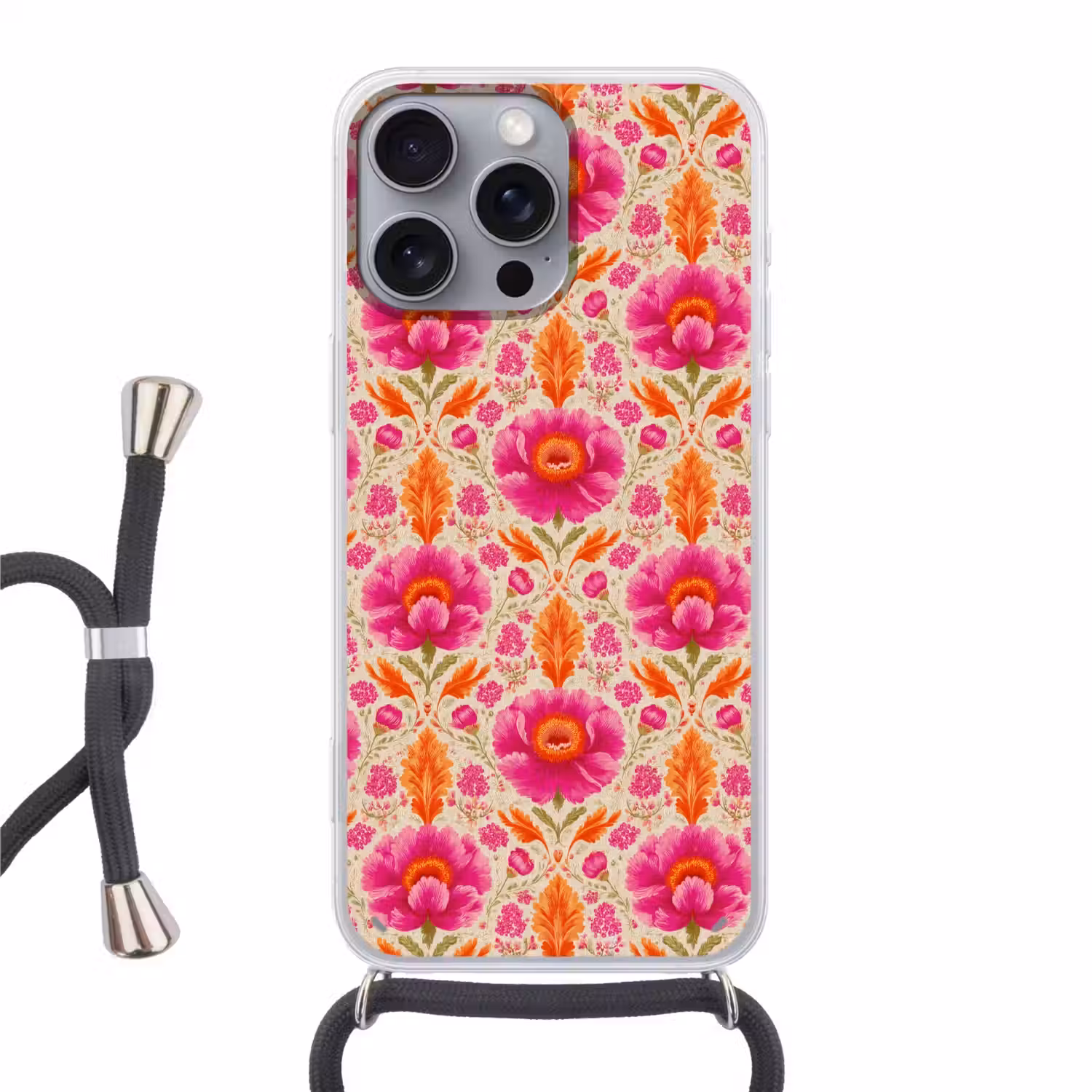 Bloemen - Barok - Roze - Oranje Hoesje iPhone 16 Pro Max met koord klein 804 -3d
