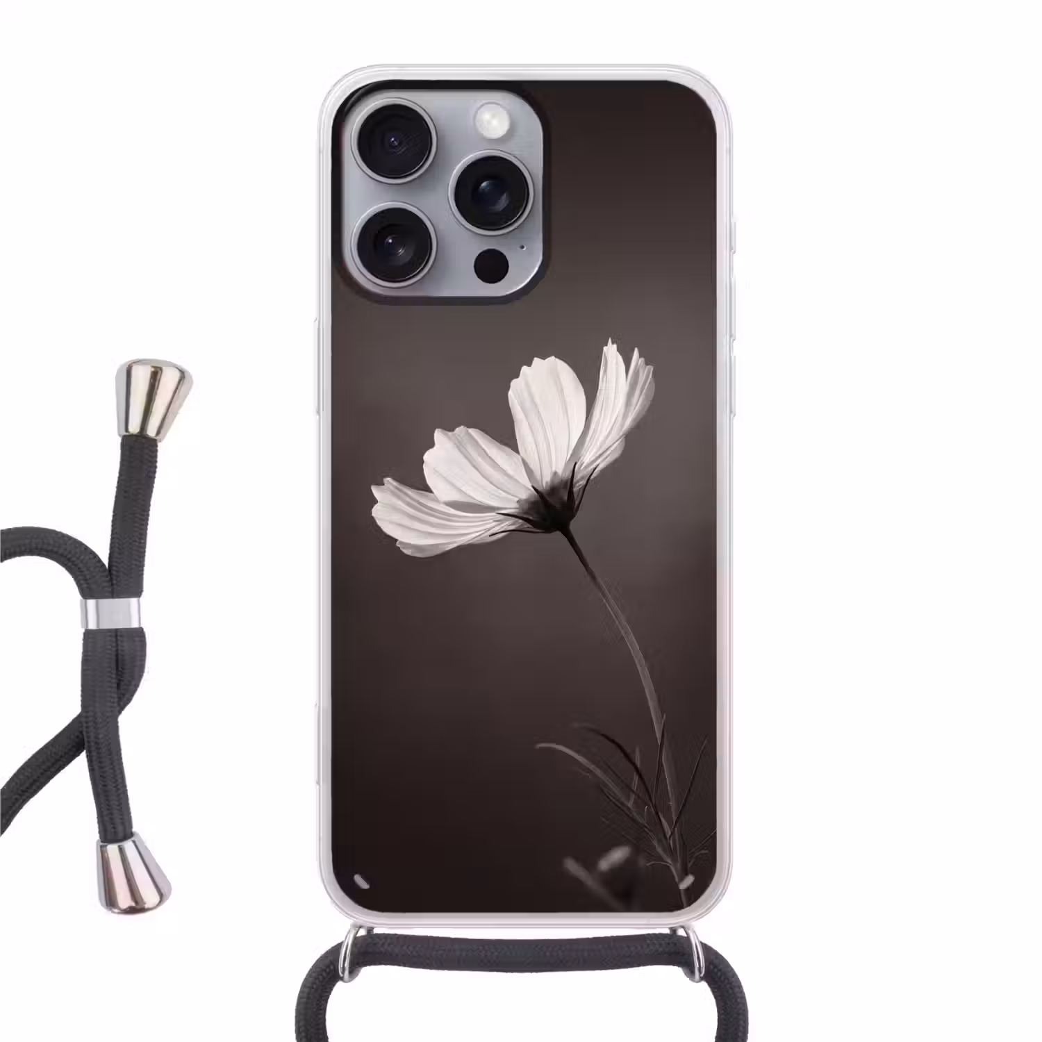 Bloem - Minimalistisch - Zwart - Wit Hoesje iPhone 16 Pro Max met koord klein -3d