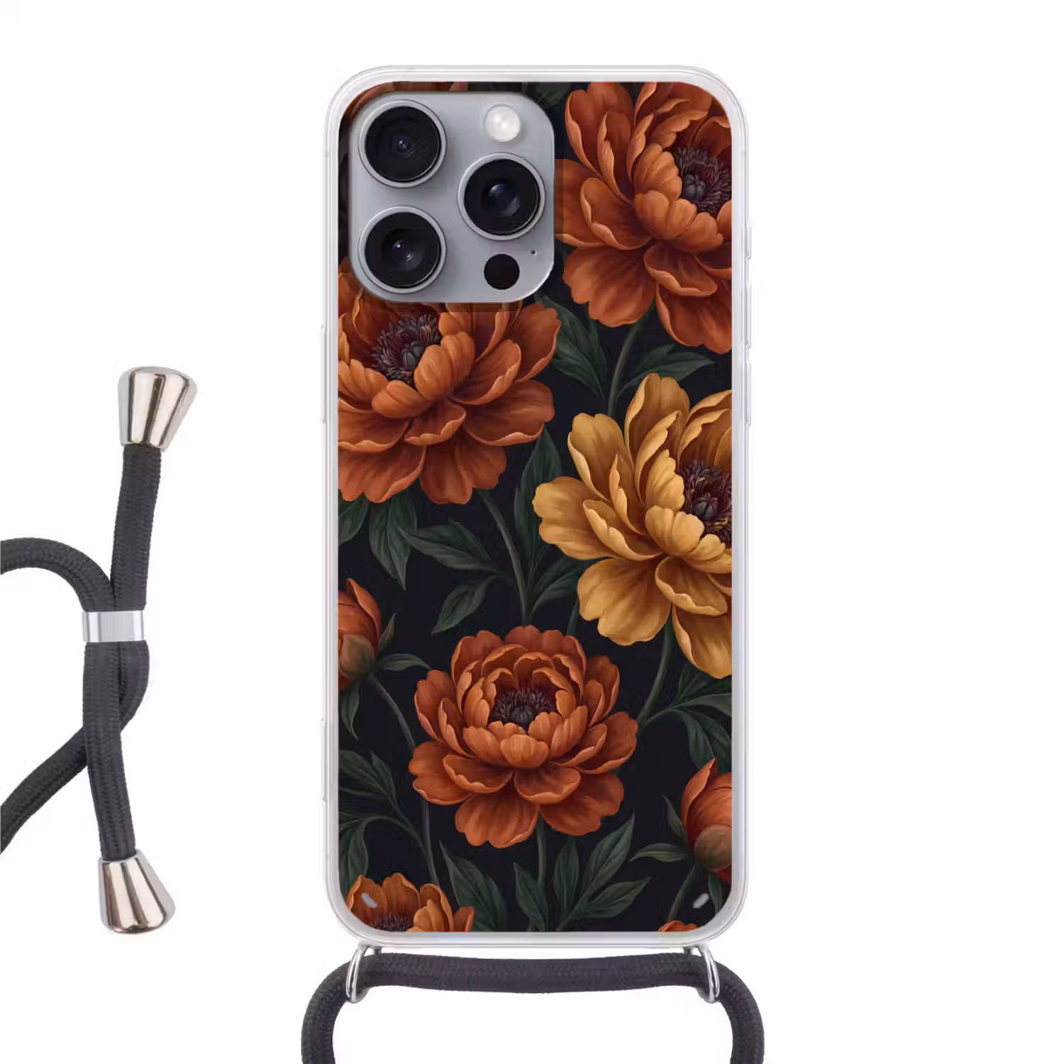 Bloemen - Bladeren - Natuur - Modern - Oranje Hoesje iPhone 16 Pro Max met koord klein -3d