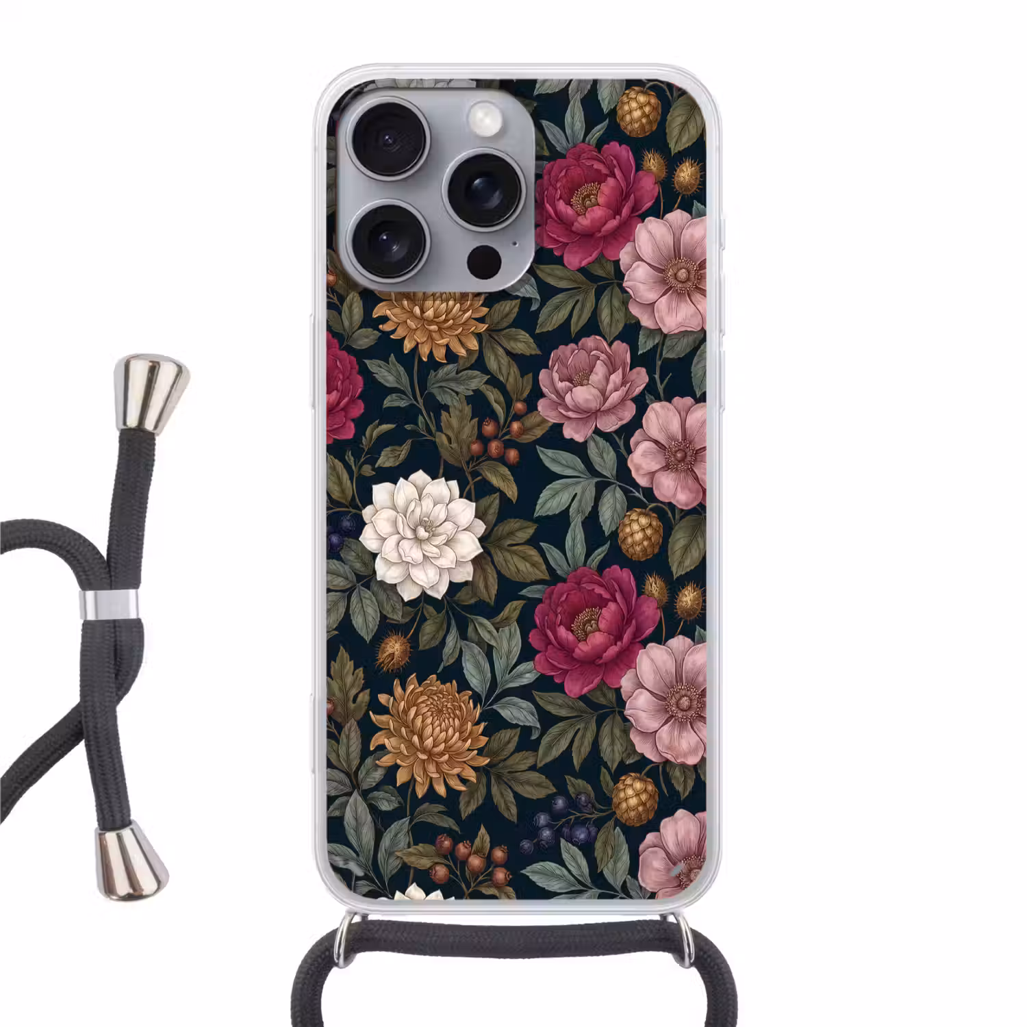Bloemen - Botanisch - Illustratie - Donker - Vintage Hoesje iPhone 16 Pro Max met koord klein -3d