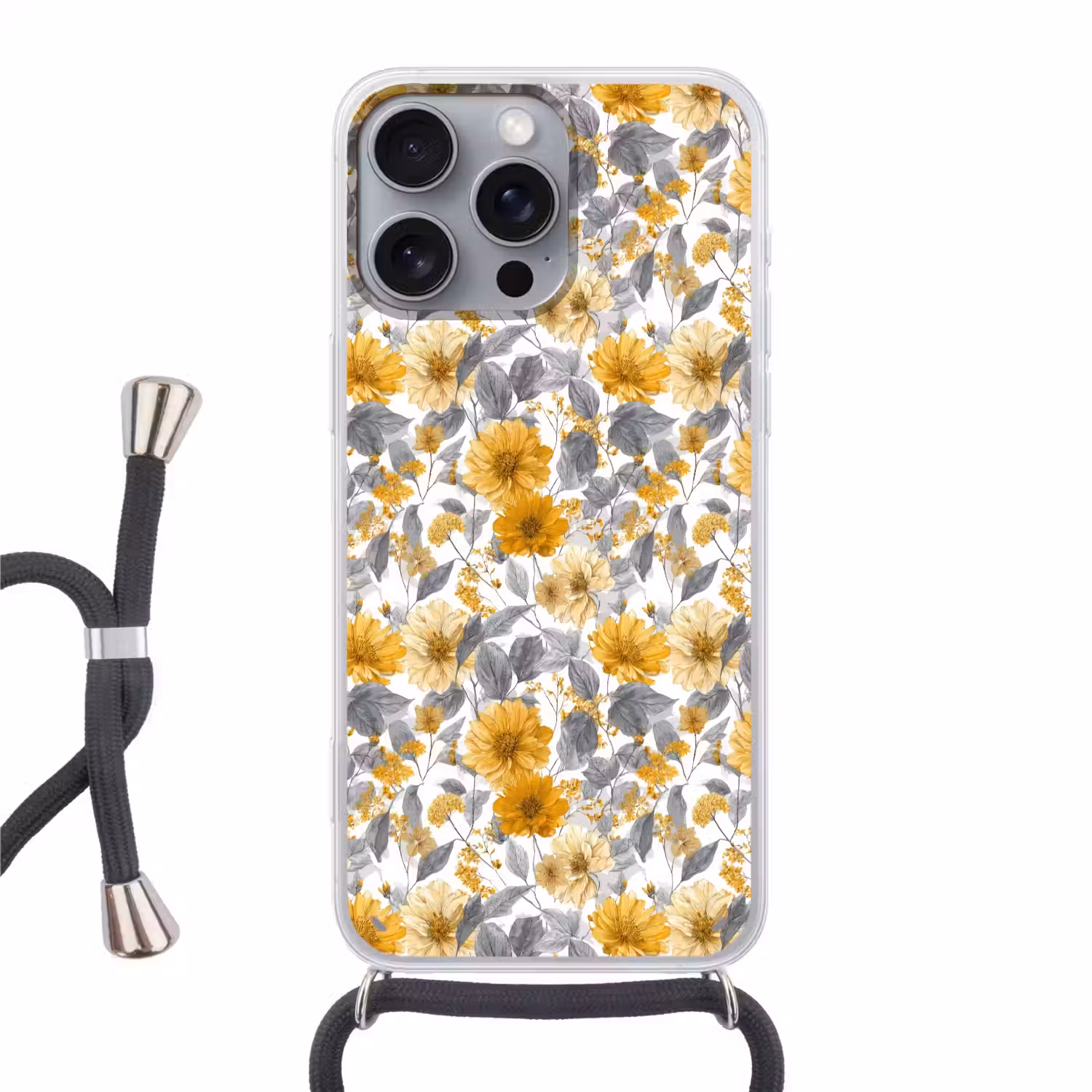 Bloemen - Botanisch - Elegant - Okergeel - Grijs Hoesje iPhone 16 Pro Max met koord klein 804 -3d